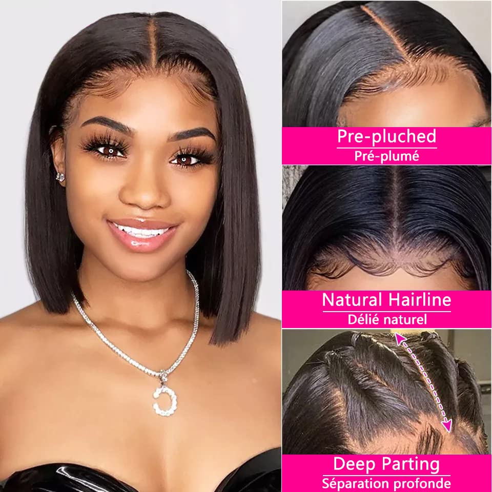 Glueless Staight Short Bob Wig 5x5 Pre Plucked Hairline Pre-Cut  Lace Wig 180% Density HD Transparent Lace Closure Wigs Human Hair for Black Women Short Straight Bob Wigs No Glue Lace Closure Wigs Beginner Friendly Gift for Girlfriend/Wife/FamilySpringtok