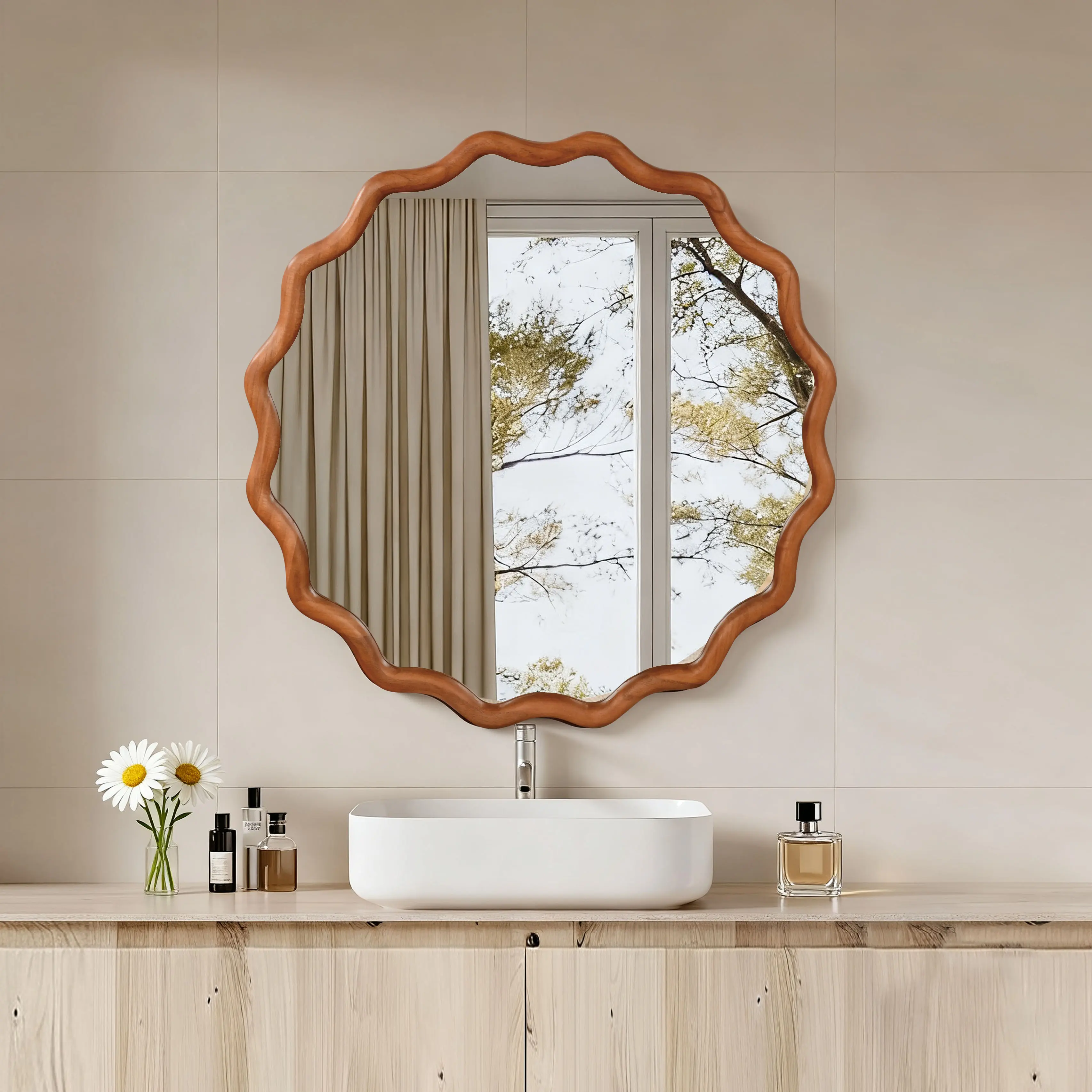 Nokaa 30 Inch Round Wavy Solid Wood Frame Wall Mirror, Yellowish Brown Art Deco French Country Decorative Hanging Mirror with Tempered Glass for Bathroom, Bedroom, Living Room, Entryway, Easy Install D-Ring Clips
