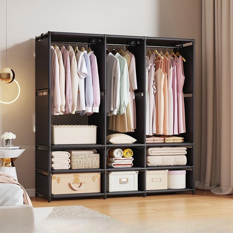 Wardrobe with clothes rod and storage shelves, standalone portable storage cabinet, easy-to-assemble fabric clothing organizer storage cabinet, sturdy metal frame, suitable for bedrooms, walk-in closets, apartments, dormitories, and small spaces