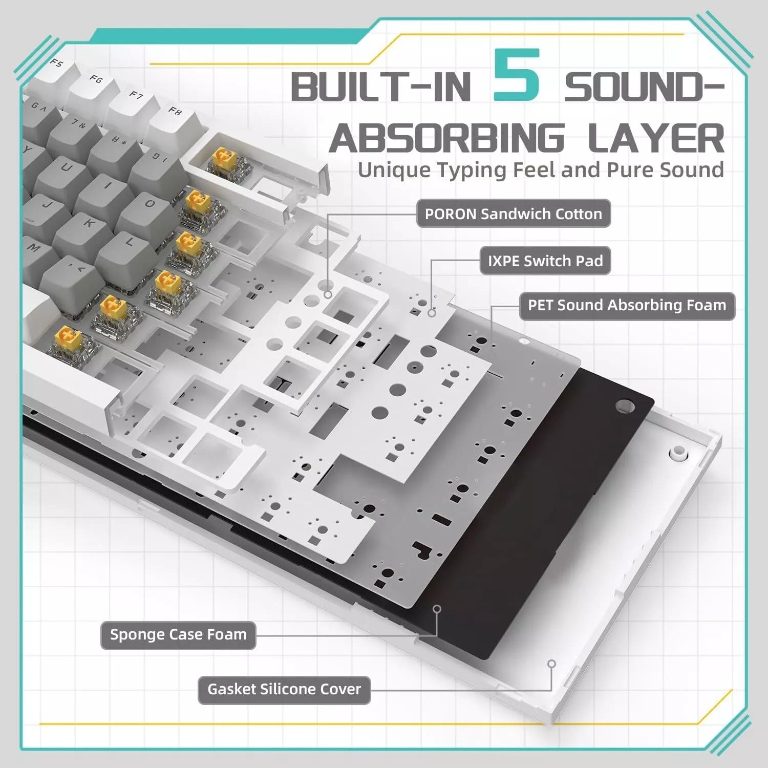 AJAZZ AK820 Mechanical Keyboard Gray and White Dual-tone Keycaps 75% Wired Office Mechanical Keyboard with White Backlight, Volume Knob, Fast Response, Full Key Hot-swapping, Comfortable Typing Experience, Suitable for Gaming, Office, and Other Multi-scen