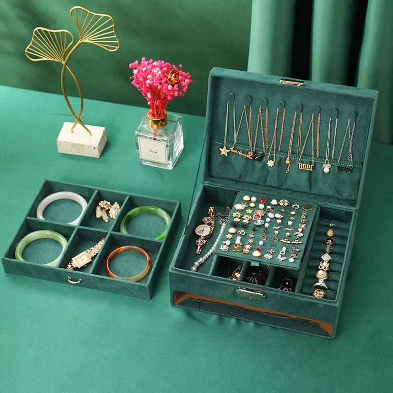 Kyphirel Large Velvet Jewelry Organizer Box with Lock & Drawer, Multi Compartment Storage Case for Jewelry and Watches