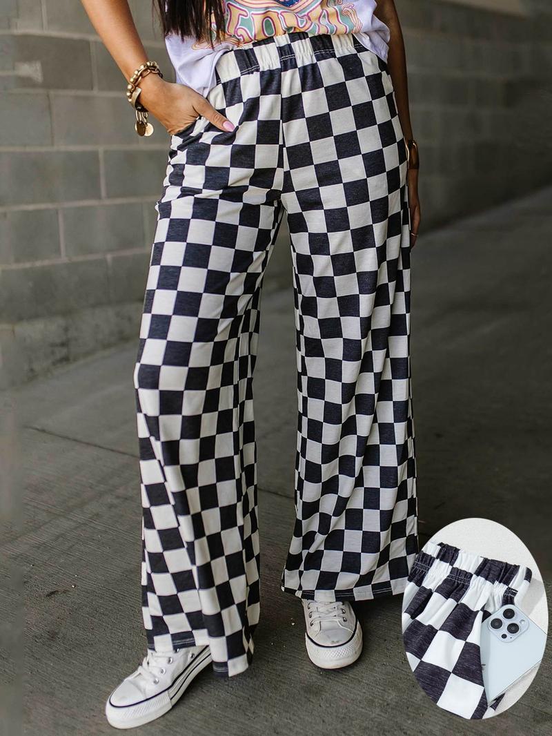 Women's Plaid Print Wide Leg Pants, Casual Comfy Trousers for Daily Wear, Ladies Bottoms for All Seasons