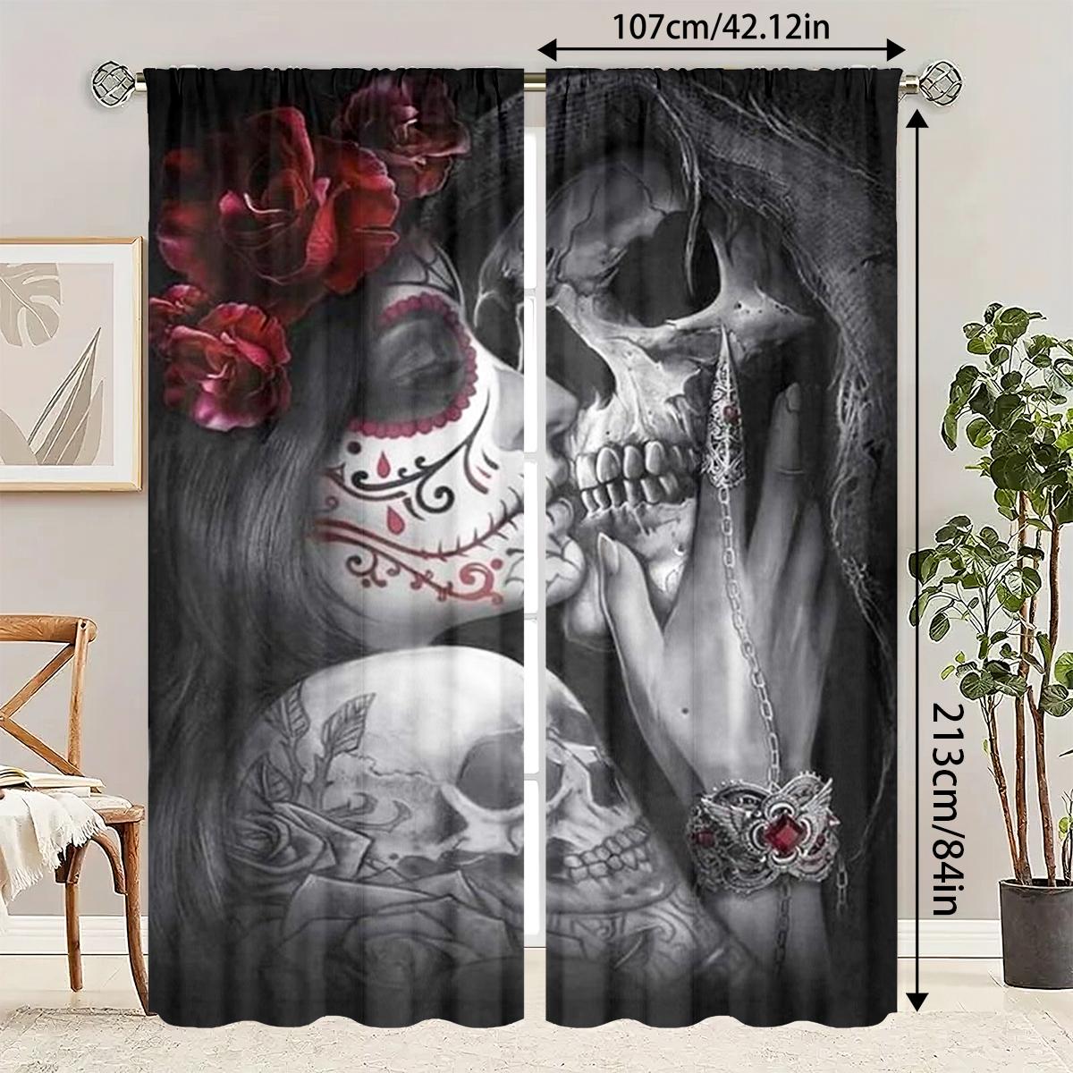 2pcs Gothic Skeleton Skull Curtains, High-Definition Digital Print, Polyester Material, Semi-Transparent, Privacy Protection, Washable, Home Decoration Curtain