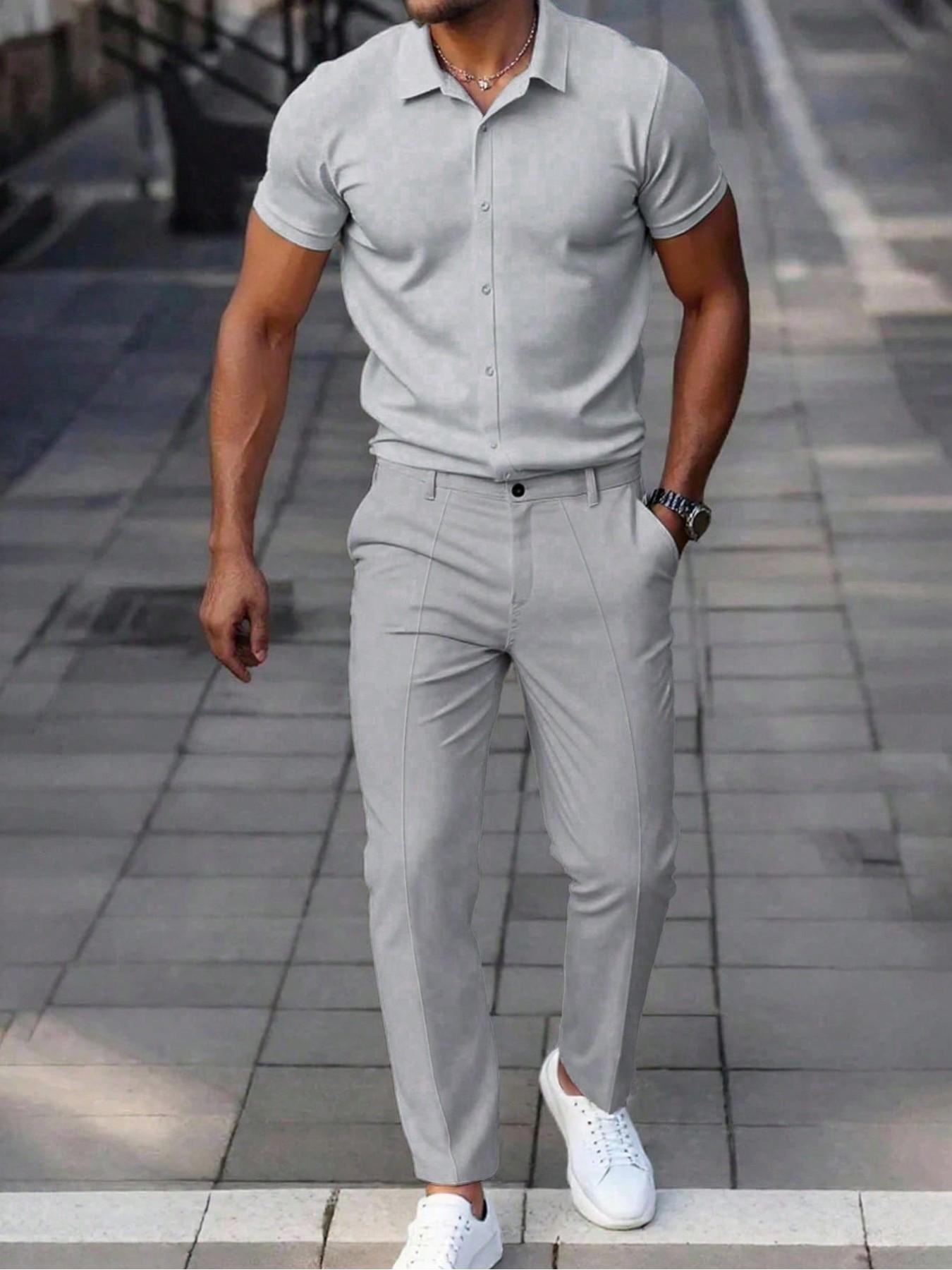 Men's Two-Piece Set, Menswear Short Sleeve Plain Shirt & Long Pants, Casual Button Collar, Comfortable Summer Wear, High-Quality Leisure Clothing, Outfits Men's Two-Piece Set, Menswear Short Sleeve Plain Shirt & Long Pants, Casual Button Collar, Comfortable Summer Wear, High-Quality Leisure Clothing, Outfits