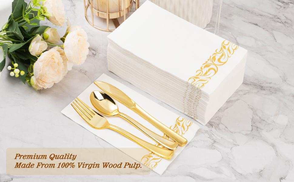 GOODLUCK 100-Pack 3-Ply Disposable Napkins with Gold Trim Soft Absorbent & Durable for Parties Weddings Events Elegant Set for Any Occasion
