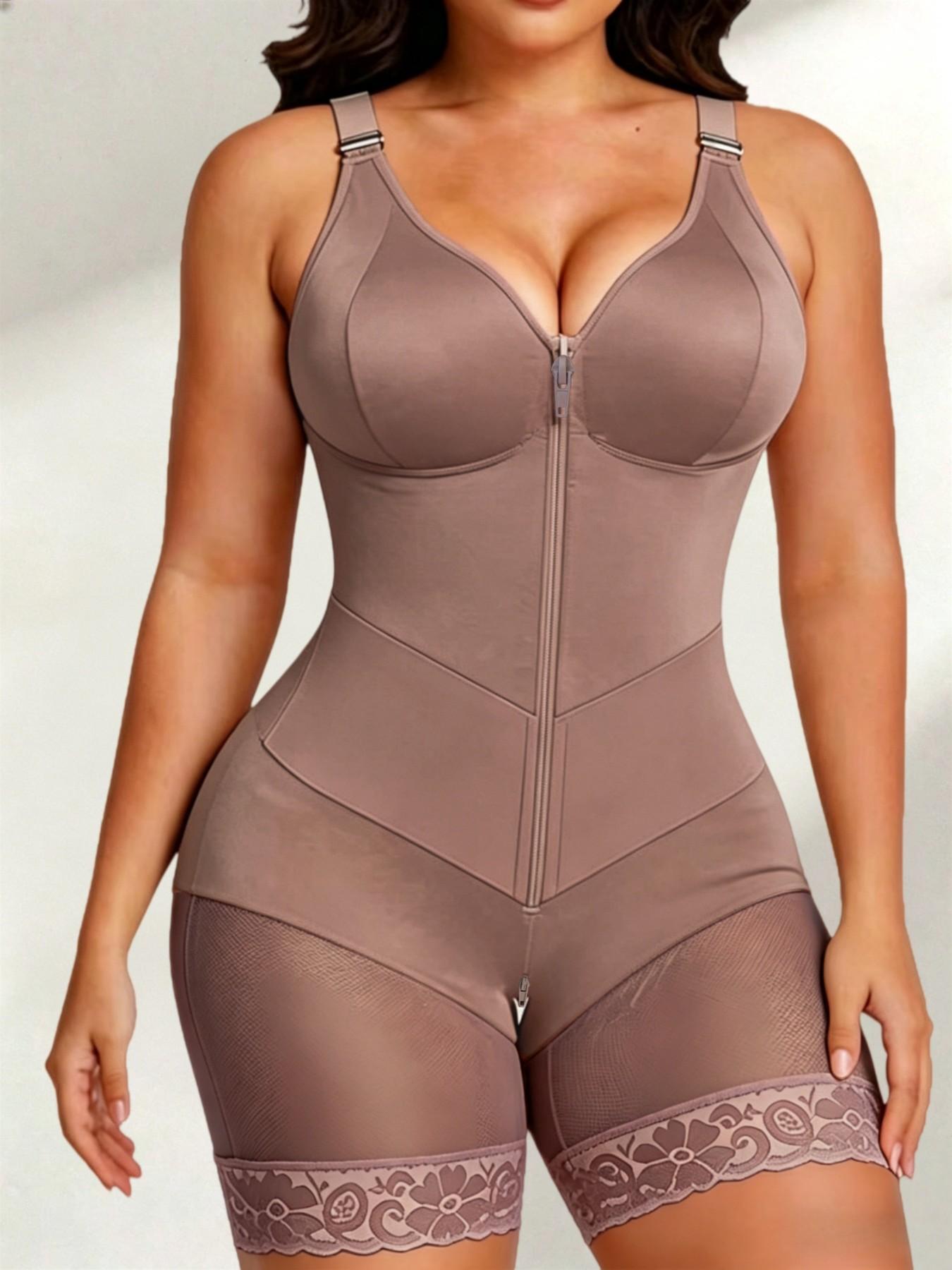 Women's Soft Breathable Full Body Colombian Underwear Shapewear Bodysuit, Zipper Closure Lace Trim Body Shaper with Adjustable Straps, Skin-Friendly V-Neck Shapewear for Special Occasions