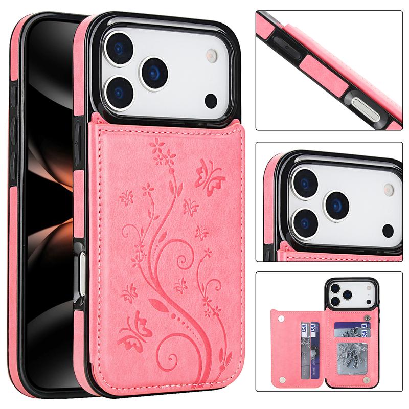 For iPhone 17 Pro Max 16 15 14 13 12 11 Magnetic Flip Leather Wallet Card Case with Card Holder Embossed Butterfly Premium PU Leather Kickstand Case