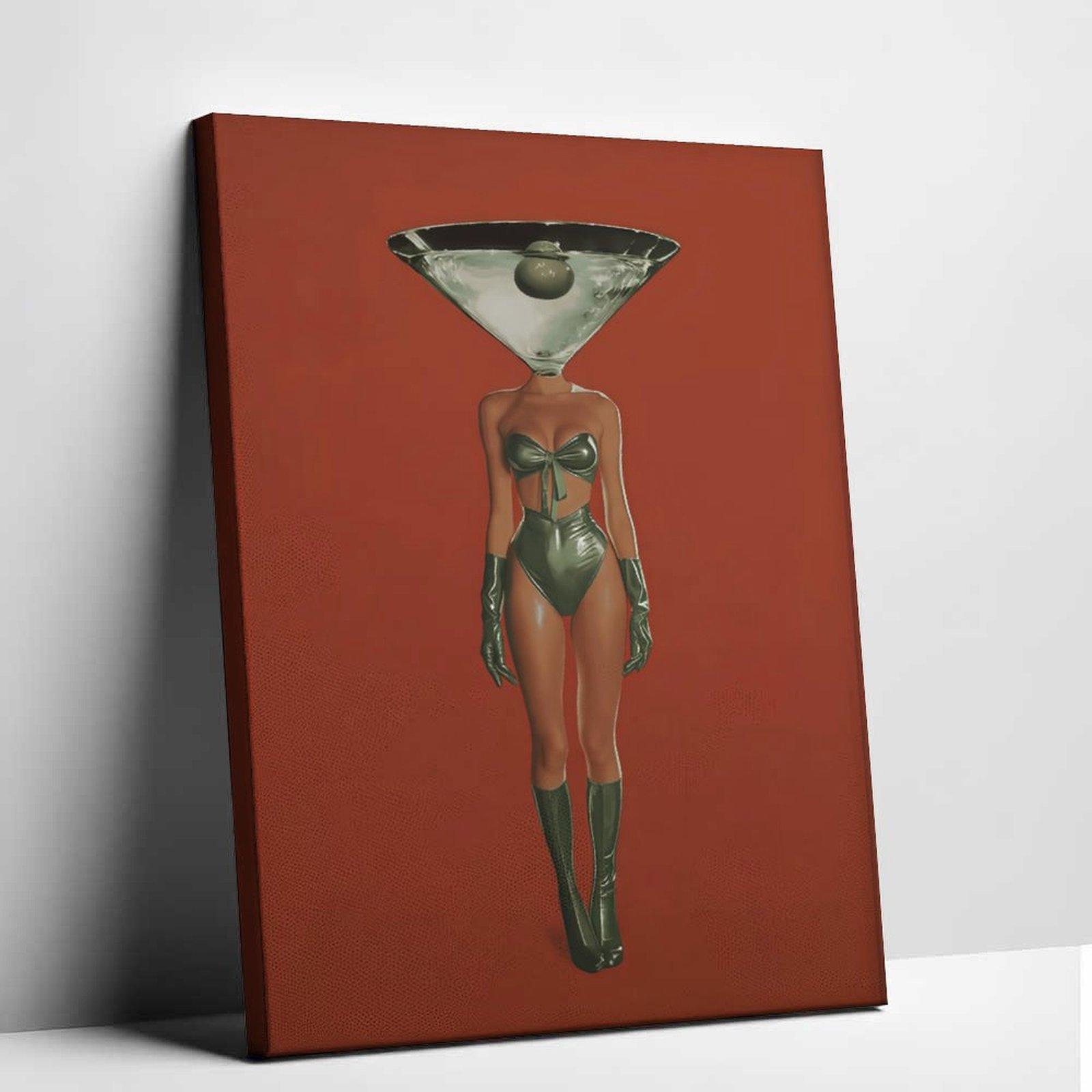 Vintage Dirty Martini Cocktail Print - Retro Bar Cart Decor, Red Wall Piece with Woman & Retro Drink, Aesthetic Canvas Poster for Bedroom, Funky Home Decor, Anime Wall Accent