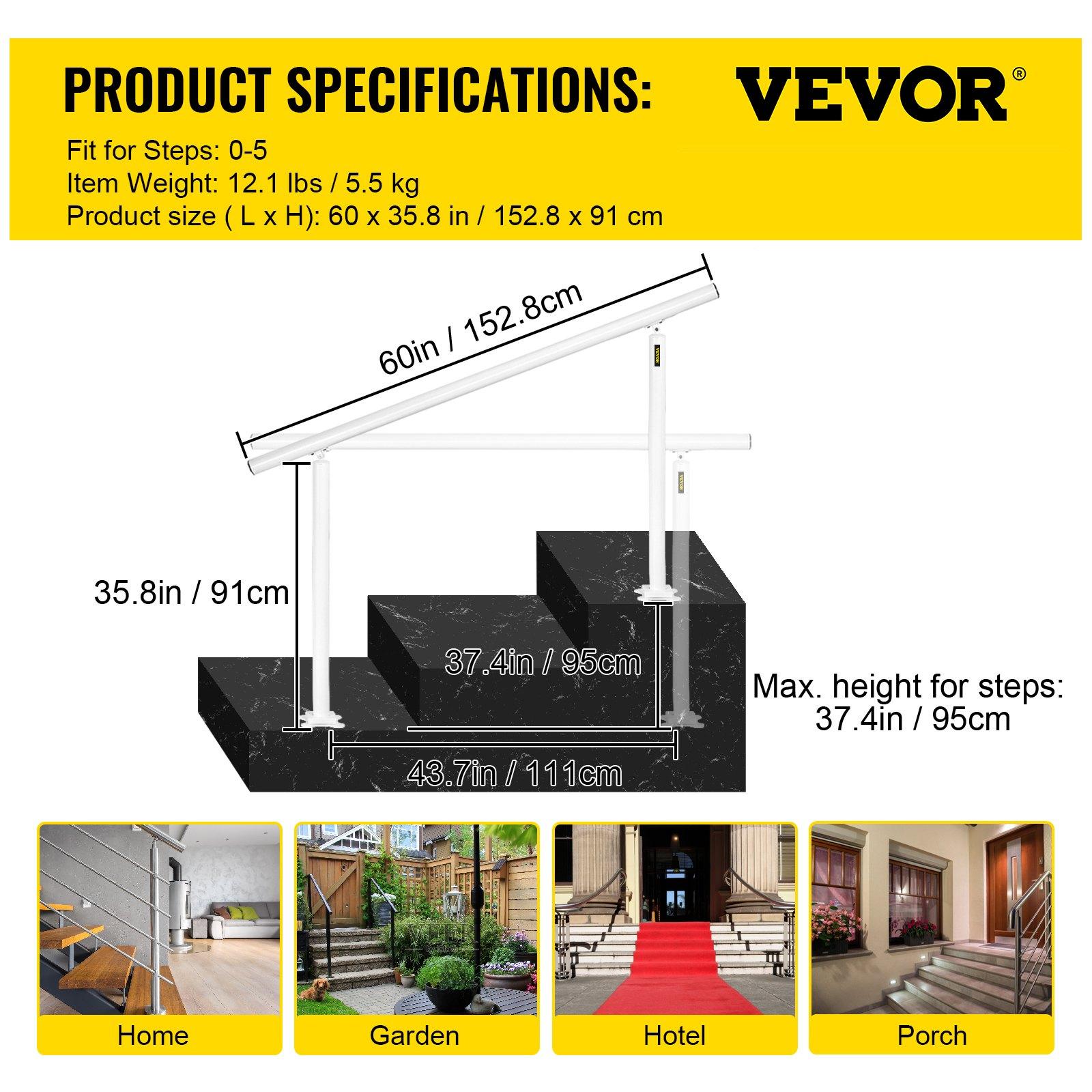 VEVOR Adjustable Aluminum Outdoor Stair Safety Rail Kit, 5 FT Angle-Adjustable Handrail for 0-5 Steps, White Safety Rail for the Elderly