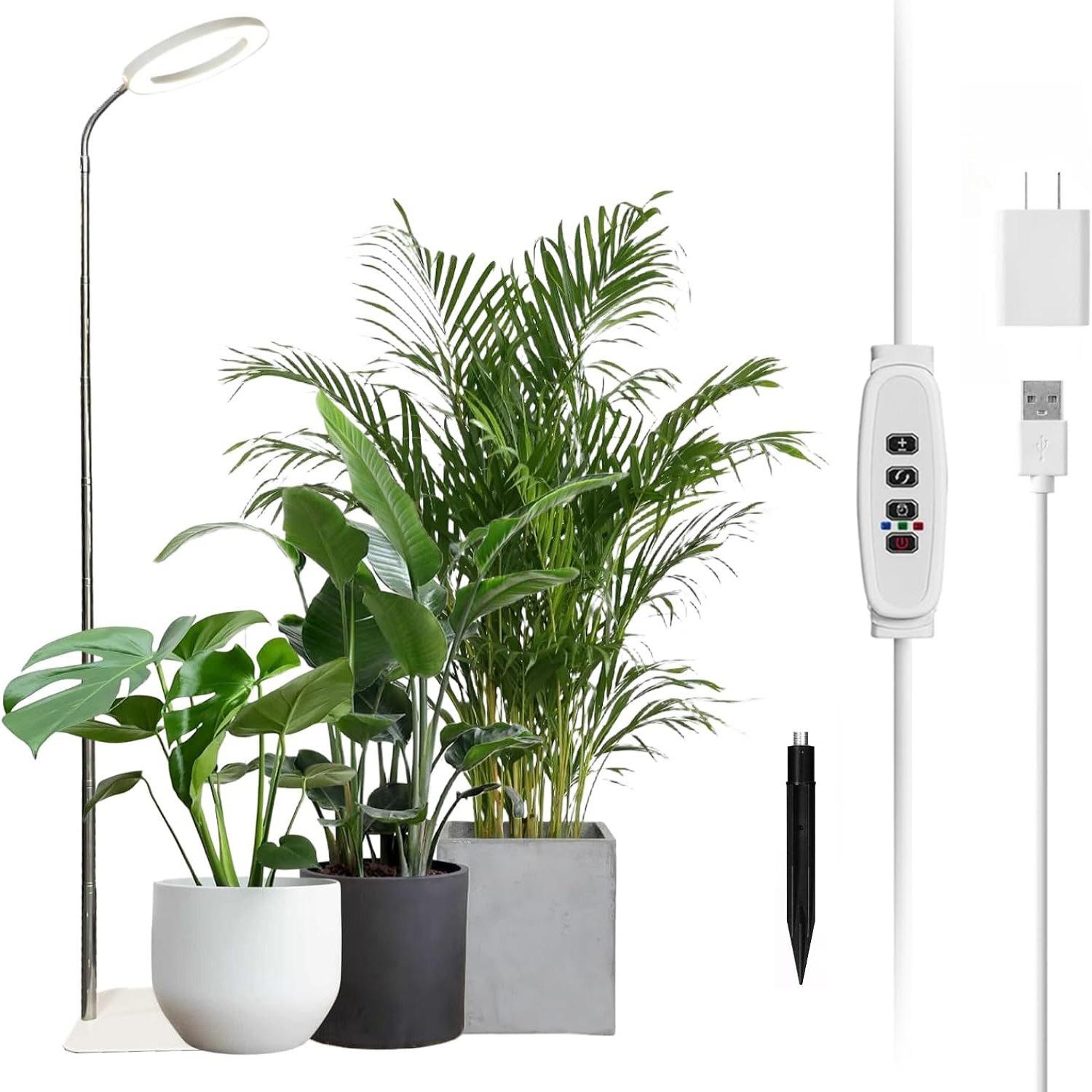 Serbasic Full Spectrum Grow Lights for Indoor Plants LED Floor Plant Light with Base and Earth Stick Dual Purpose Adjustable Height Stand 155cm/61inch for Large Plant 3 Switch Light Mode Auto Timer 3/9/12H 10 Level Brightness for Indoor Plants High Plants