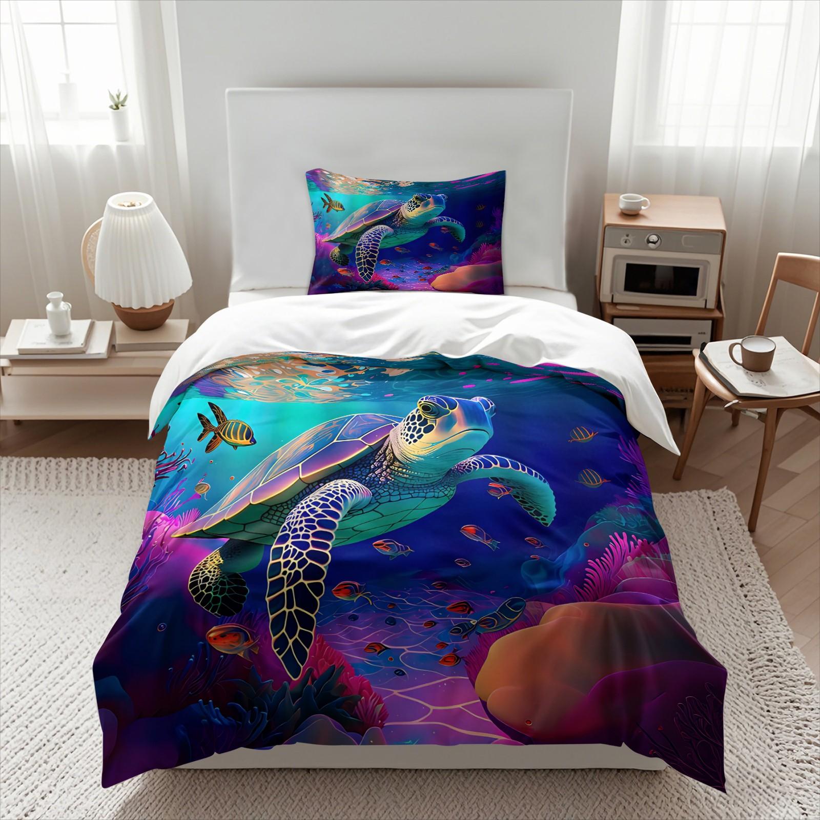 Neon Rainbow Sea Turtle Coral Underwater Ocean Duvet Cover Set, 1 Duvet Cover + 1/2 Pillowcases, Soft Skin-Friendly All Season Bedding, Perfect Sentimental Gift For Sea Turtle Lovers, Kids & Colorful Aquatic Bedroom Decor, Soft Bedding Sets