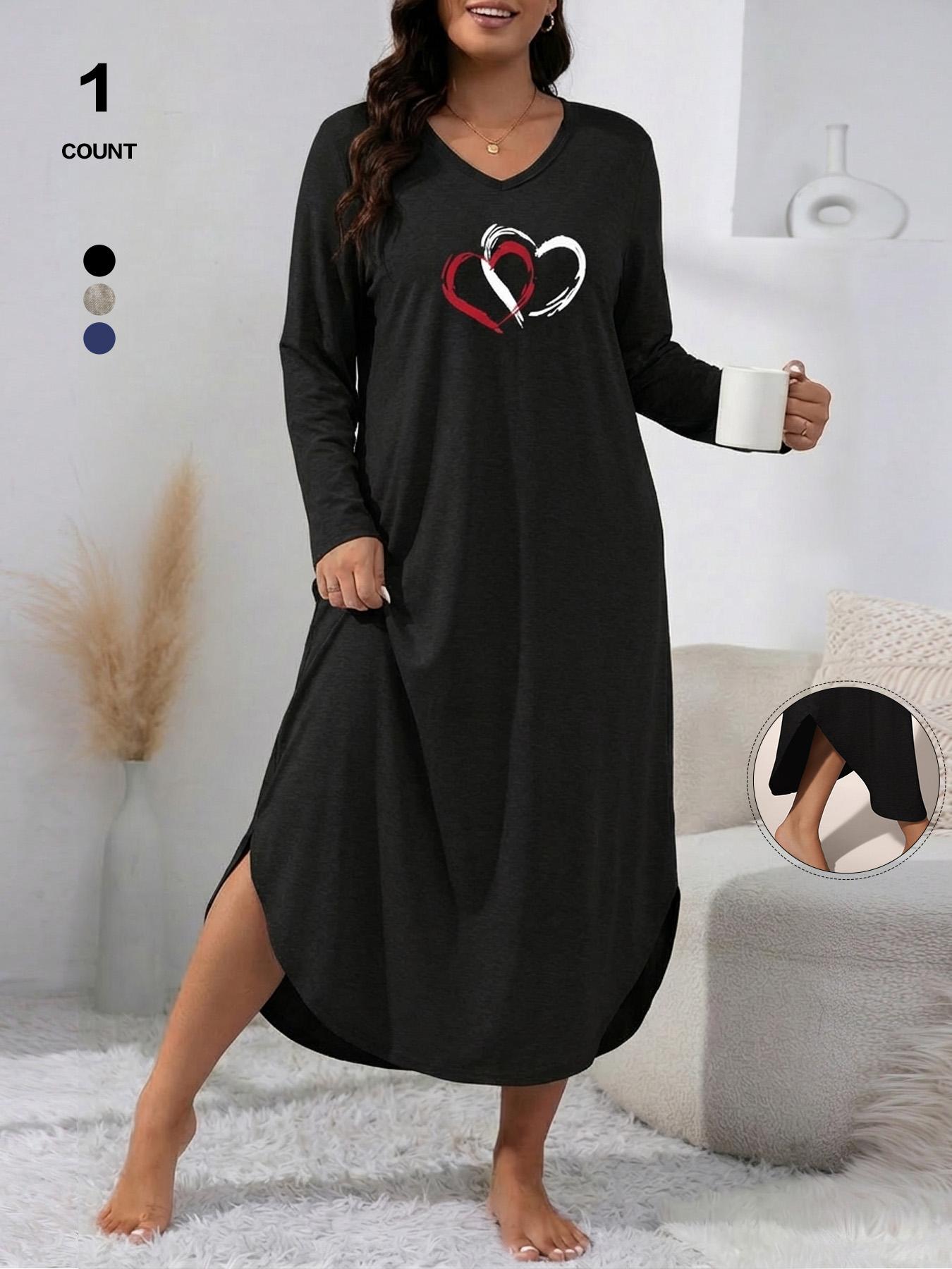 Women's V-Neck Long Sleeve Nightgown, Soft Casual Womenswear Loungewear Dress with Pockets, Heart Print Sleepwear, Loose-Fitting, All Seasons