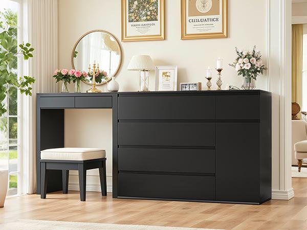 FOTOSOK 5 Drawer Dresser, Black Dresser for TV Stand, Double Wide Storage  Chest of Drawers with Door, Deep Drawers and Wide Storage Space - TikTok  Shop