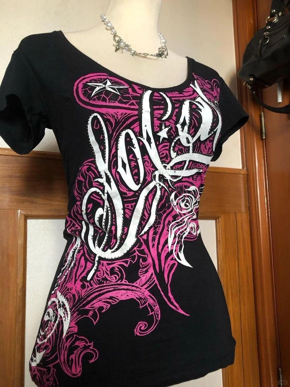 American Y2K Punk Short Sleeve T-Shirt Women V-Neck Cutout Print Graffiti Pattern Sexy Casual Top Retro Streetwear 2026 Summer