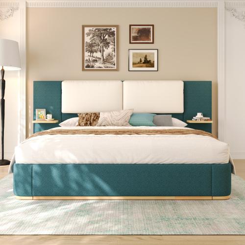 Bellemave Queen/King Size Upholstered Platform Bed with Red Diamond Tufted Headboard, Anti-Collision Soft Rounded Corners, Stable & Solid, No Box Spring Needed, Easy Assembly, Integrated Shelves for Storage