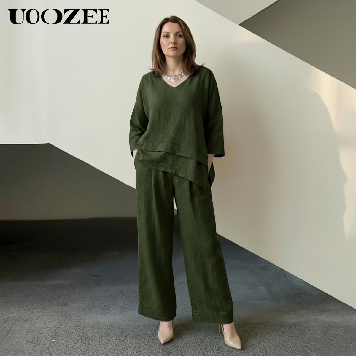 UOOZEE Women's Spring Summer Trend Look Loose Elastic Waistband with Pockets Wide Leg Pants & Oversized V-Neck Top Two-Piece Set, Spring Summer Casual/Work/Weekend Co-Ord for Women