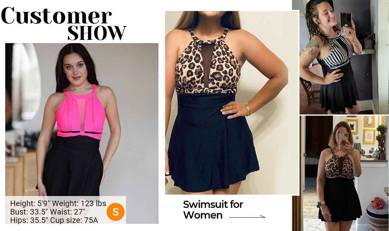 Holipick Womens One Piece Swimsuits with Skirt Tummy Control Swimdresses Modest Bathing Suit Swimming Clothing High Neck Mesh Swimwear