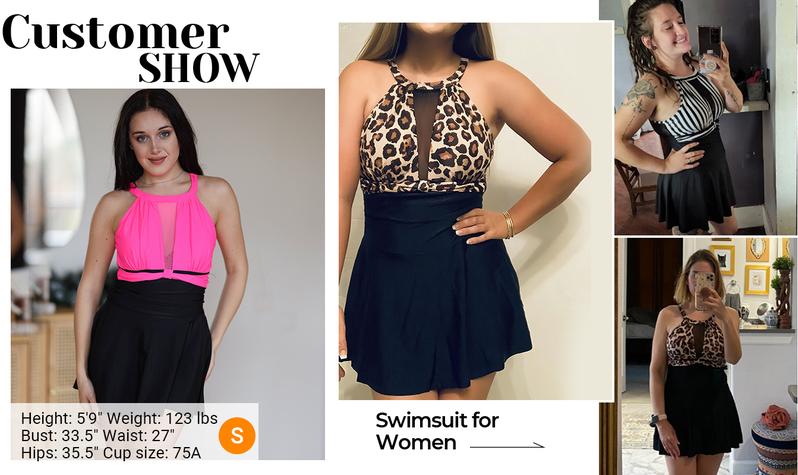 Holipick Womens One Piece Swimsuits with Skirt Tummy Control Swimdresses Modest Bathing Suit Swimming Clothing High Neck Mesh Swimwear