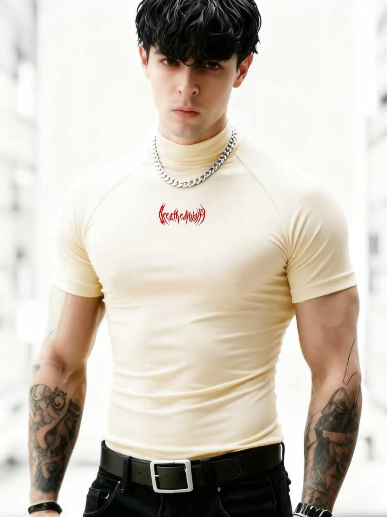 Men's Thorn Print High Neck Tight Fit Short Sleeve Gym Quick Dry Elastic Training Top, Sporty Casual Bottoms, All Seasons Wear