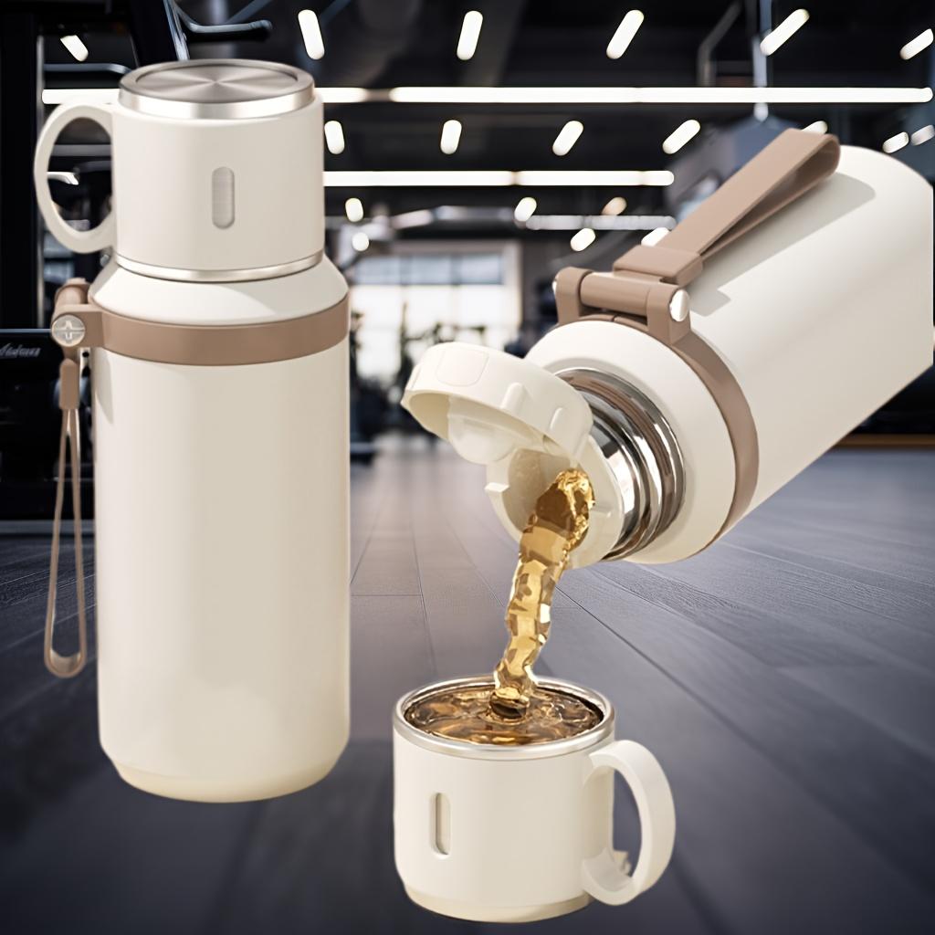 Stainless Steel Insulated Water Bottle 600ml/1L with Rope, Dual-Function Coffee Cup, Portable Outdoor Vacuum Insulated Flask for Camping, Cycling, Home & Office