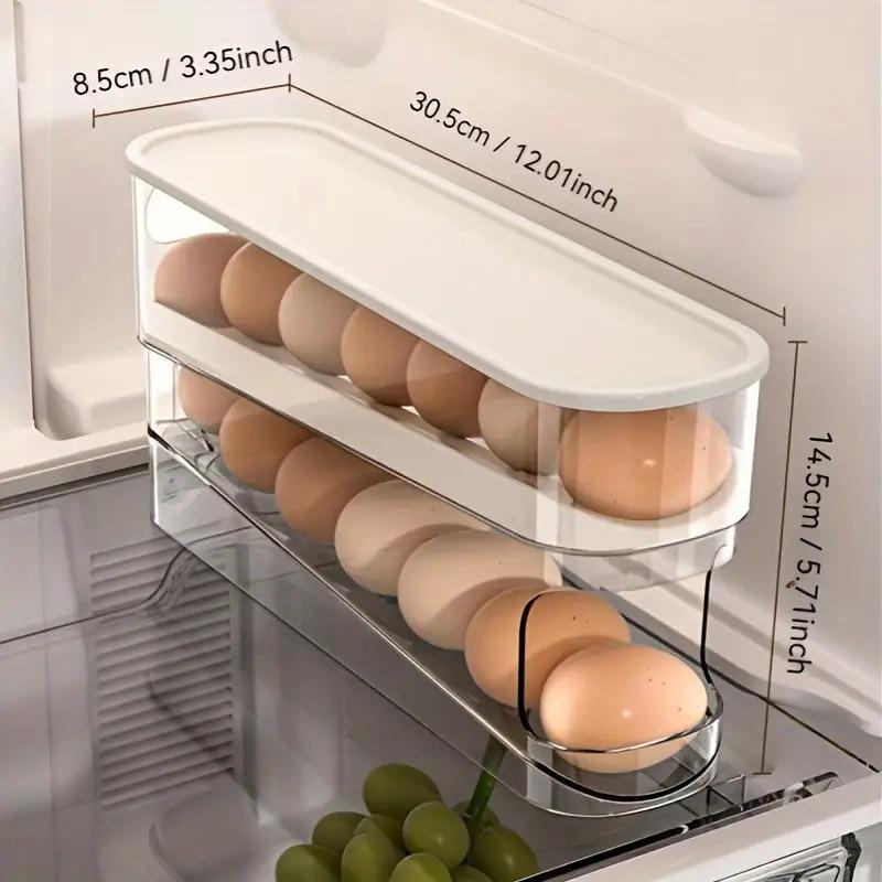 Double layer rolling egg storage box | Refrigerator side door space saving organizer | Durable polypropylene | Transparent, stackable design with easy to open lid | Perfect for home use, refrigerator egg rack