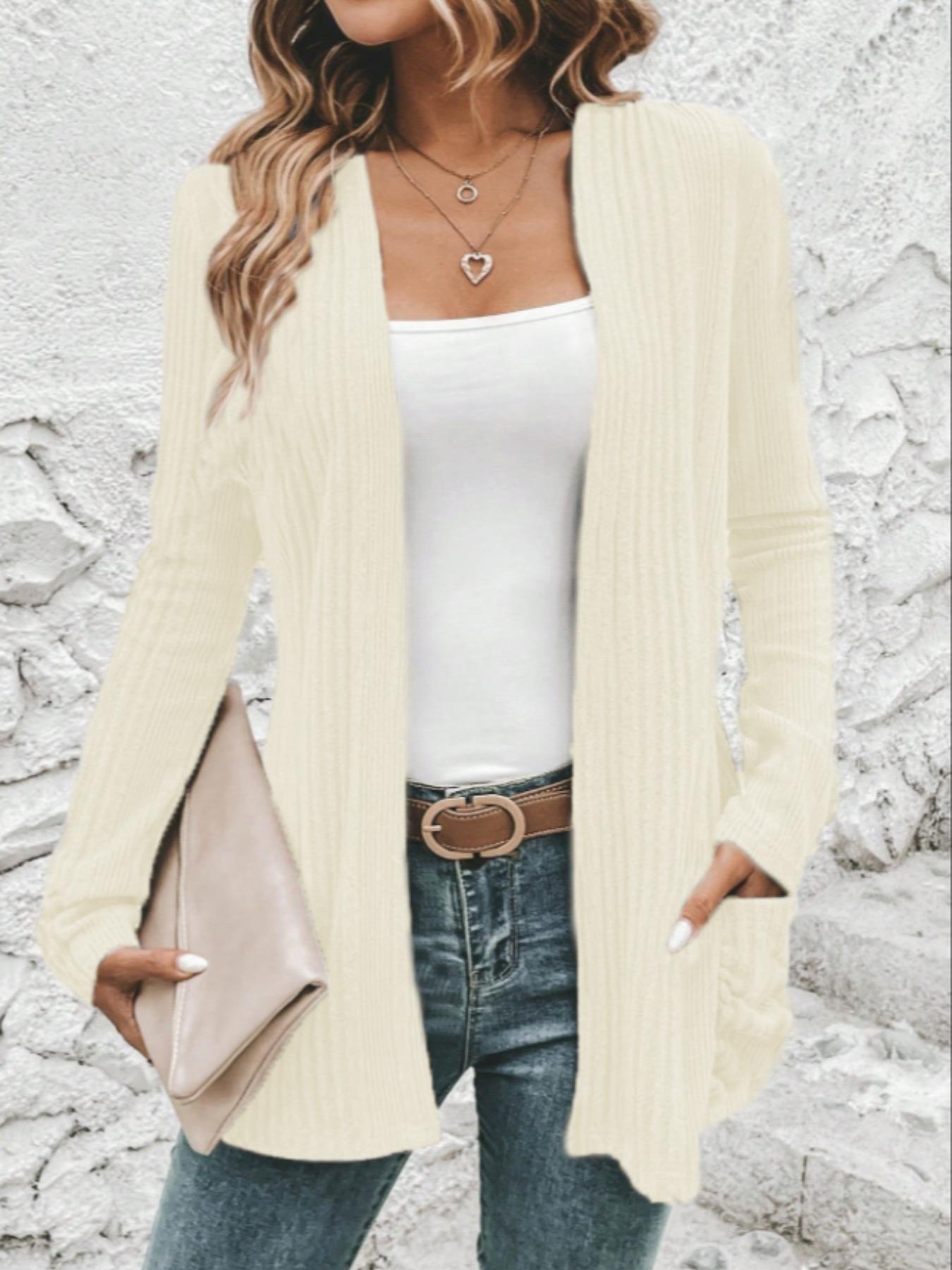 Women's Ribbed Open Front Sweater Cardigan, Casual Long Sleeve Cardigan Sweater for Spring & Fall, Women's Knit Clothing for Daily Wear