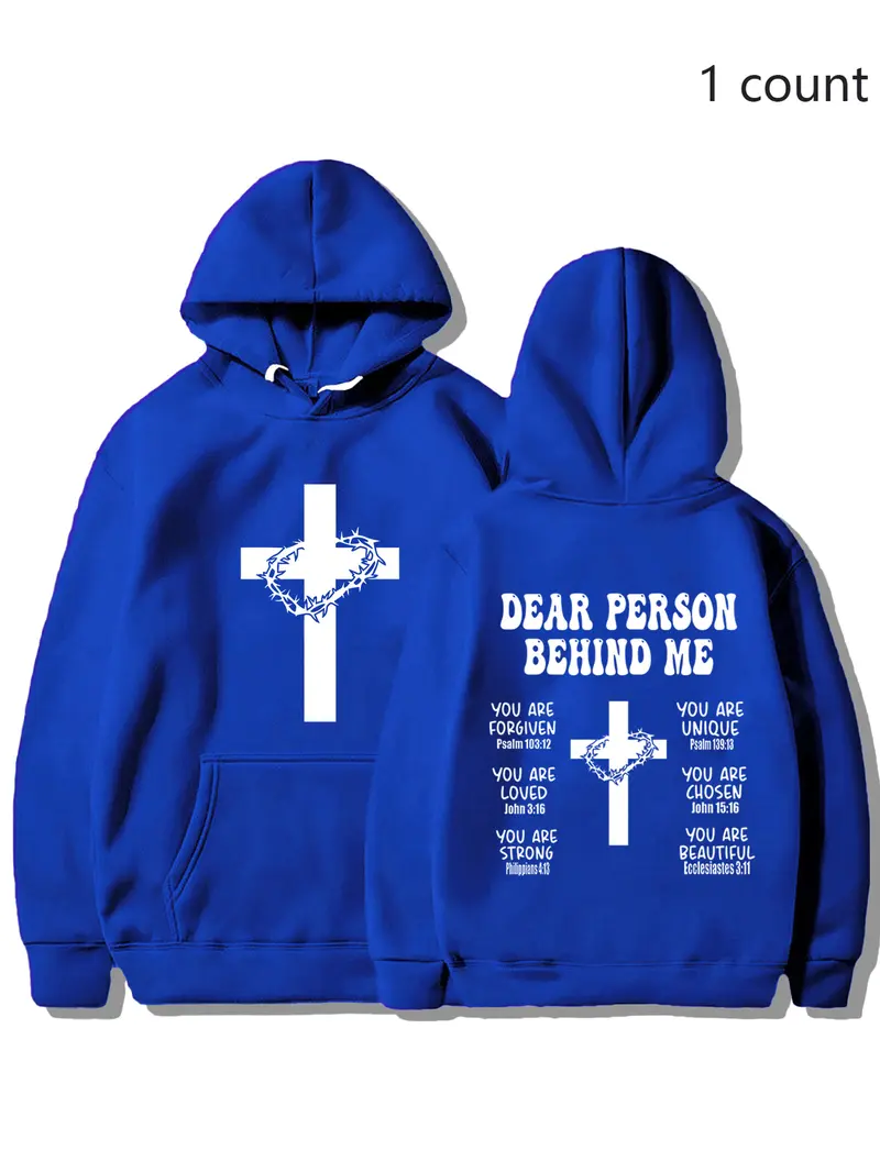 Christian Fitted Hoodie with Bible Verse, Long Sleeve Inspirational Sports Sweatshirt, Faith Cross Graphic Printed Pullover Hoodie, Casual Fall & Winter Wear, Printed Hooded