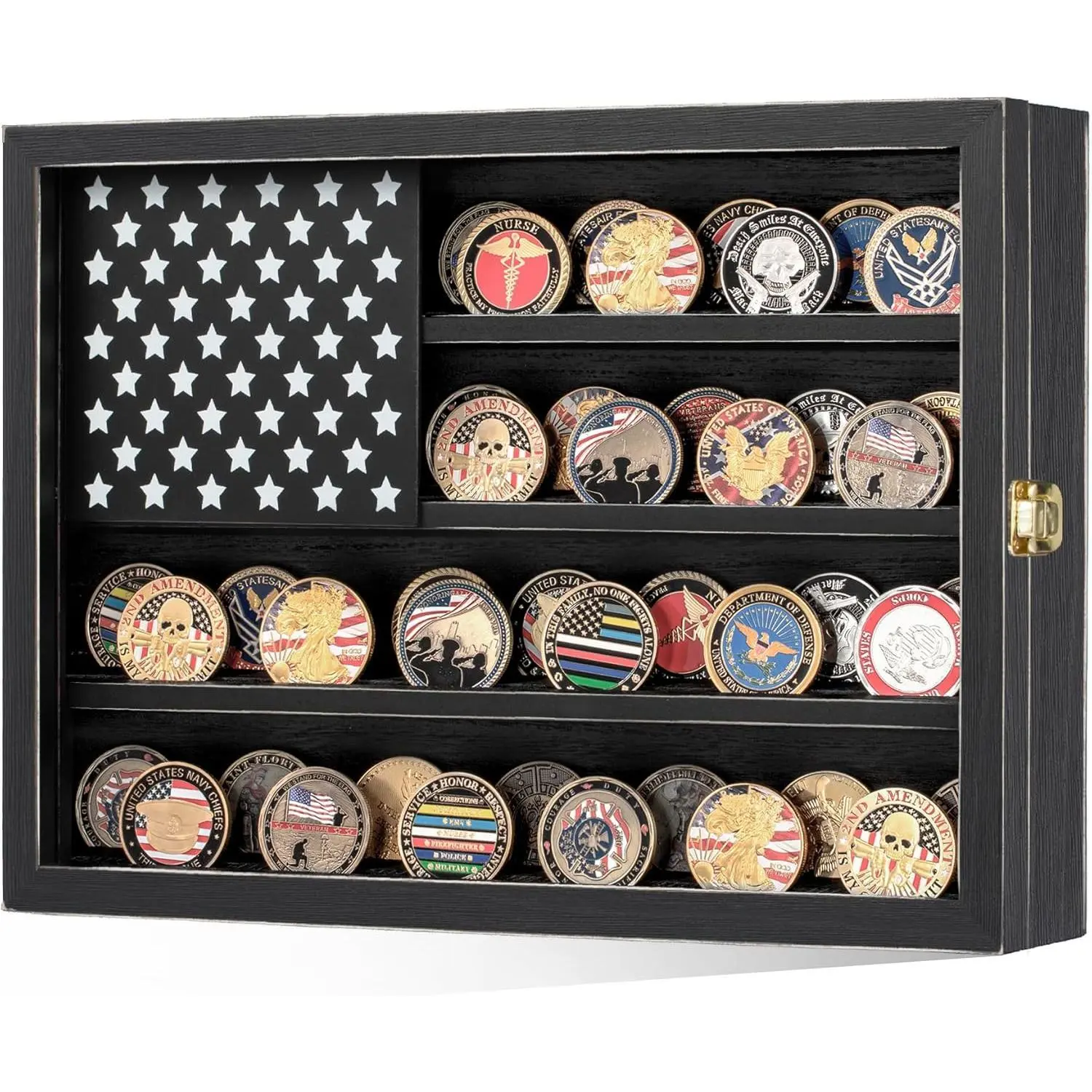 Retro Challenge Coin Display Case 11x15IN 2 Groove Shelves | Military Medal Shadow Box with HD Acrylic Glass Wooden Box, Retro Coin Holder with American Flag for Casino Poker Chips