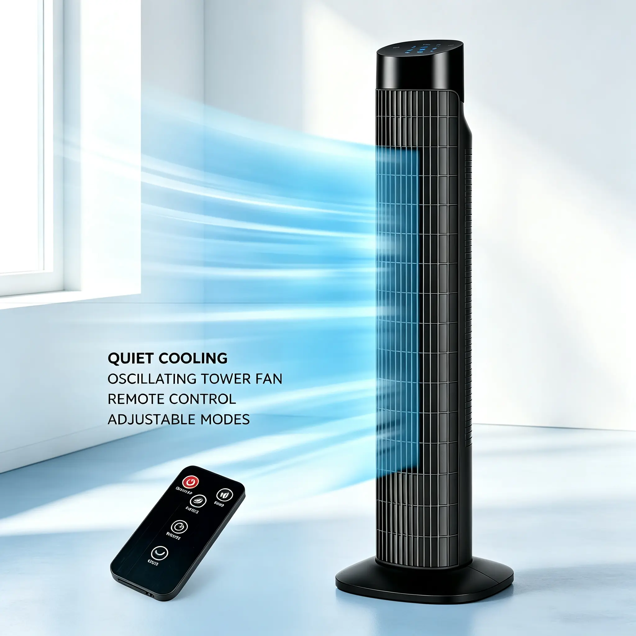 Freestanding Tall Profile Indoor Air Circulating Unit With Rotating Air Outlet, Remote Control & Timed Auto-Off Feature For Household Living Space Ventilation