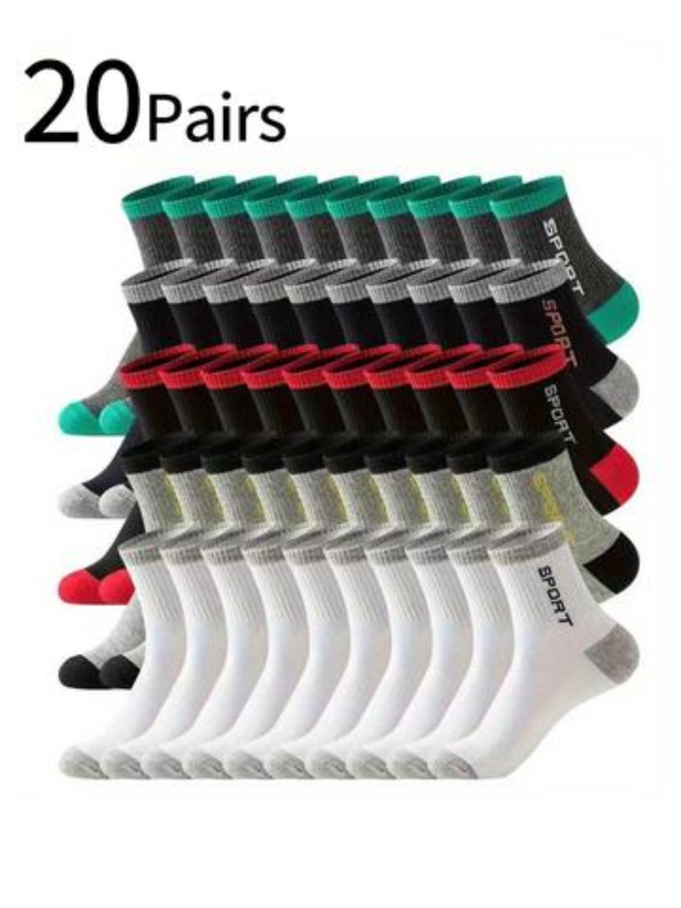 20 Pairs Men's Socks, Youth Letter Colorblock Mid-Calf, Sweat-Wicking Odor-Resistant, Fashionable Patchwork Design, All Seasons, Soft Comfort