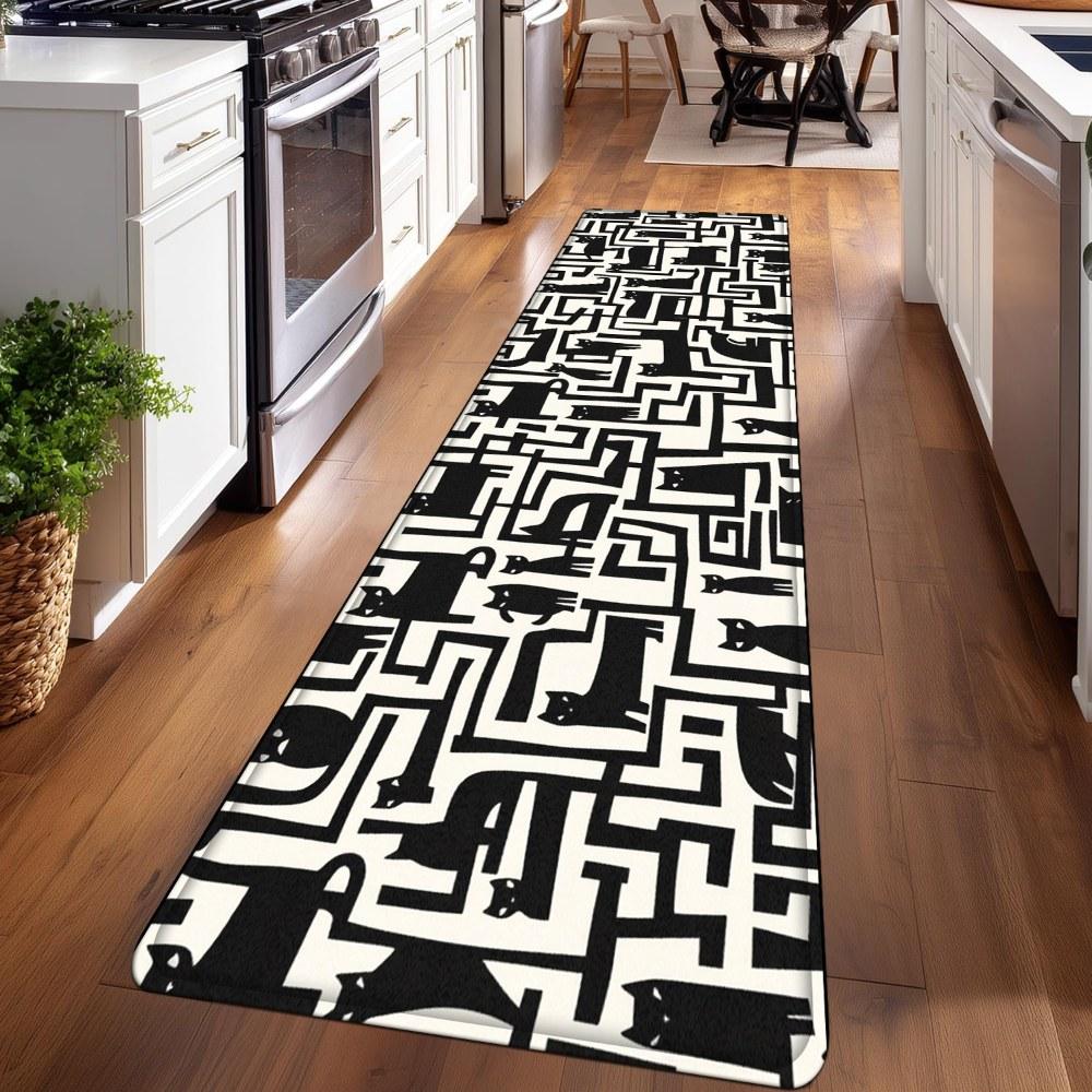 1PC， Black and White Geometric Maze Pattern strip rugs, home décor, bathroom mats, entryway mats, bathroom non-slip mats, indoor entrance rugs, bedroom bedside mats, kitchen mats, hallway rugs, flannel sponge rugs, hallway runner rugs