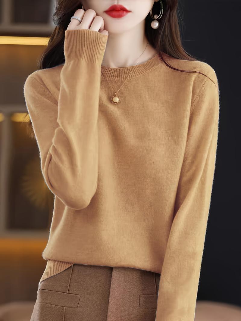 Women's Plain Round Neck Sweater, Casual Long Sleeve Crew Neck Jumper for Fall & Winter, Fashion Ladies' Knitwear for Daily Wear