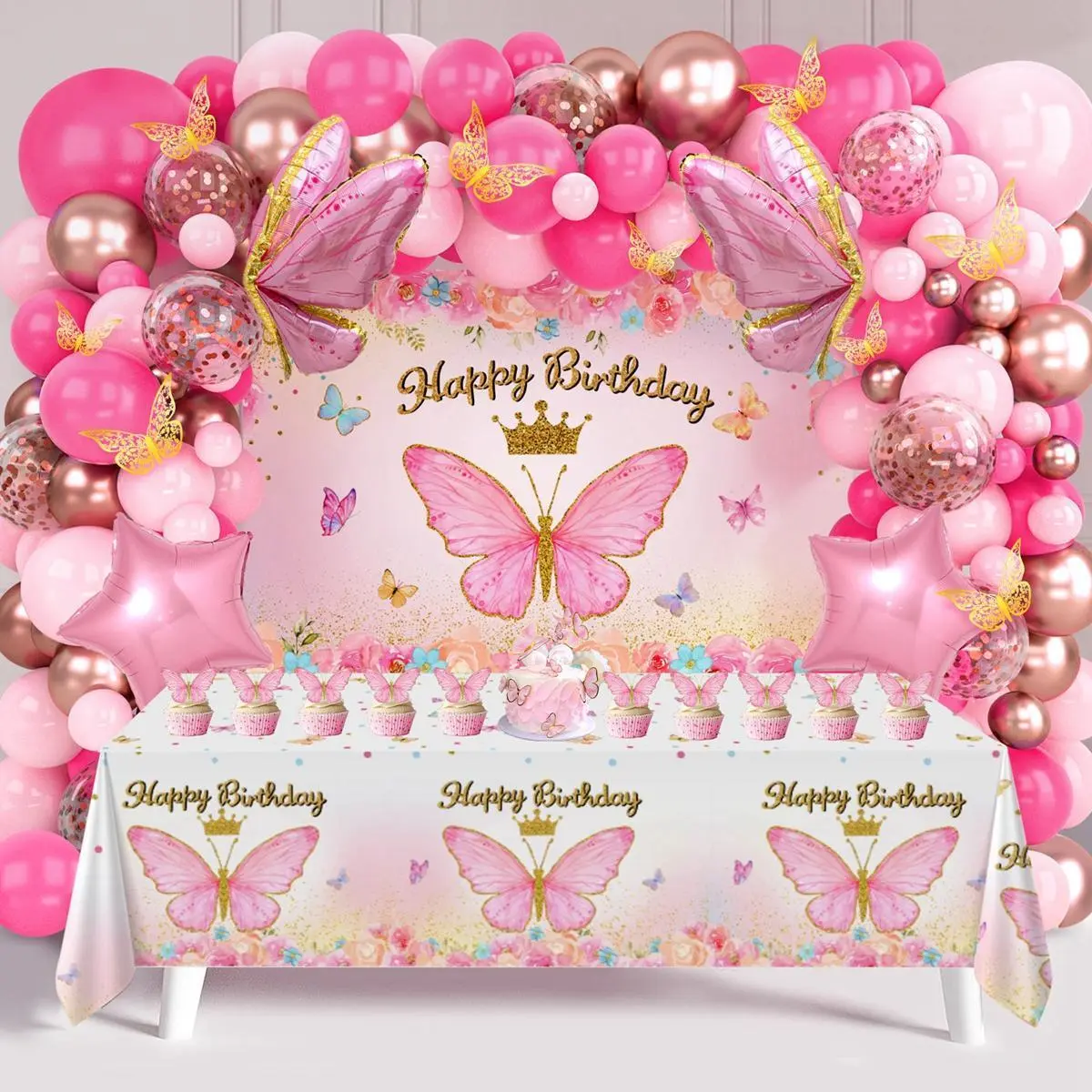 95+ Pieces Girl's Watercolour Large Oval Butterfly Birthday Arch Kit, Lavender & Foil Balloons, Happy Birthday Backdrop, Tablecloth, DIY Party Decoration Supplies