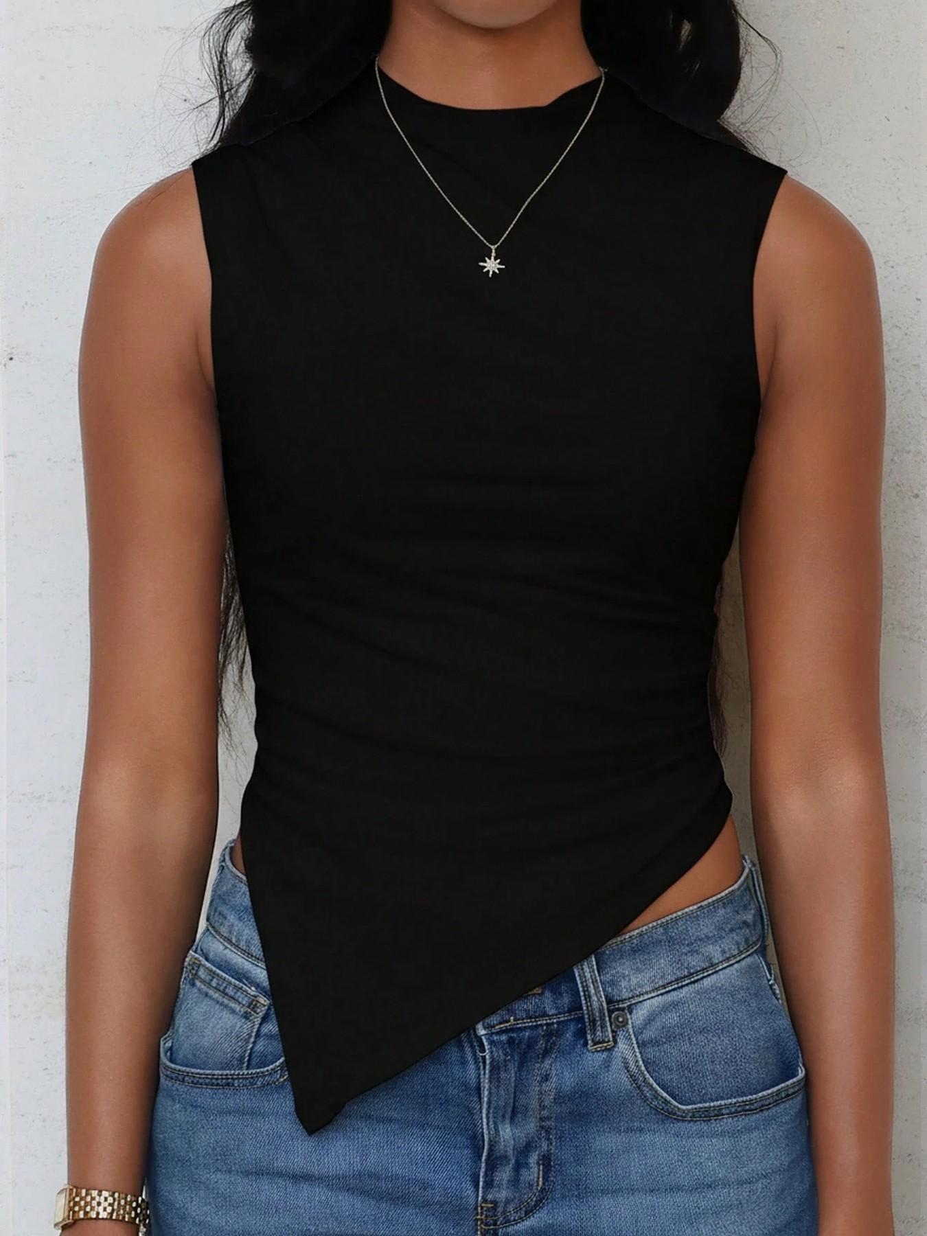 Women's Solid Color Sleeveless Mock Neck Cropped Tank Top, Asymmetrical Hem, Stretchy Fabric, Casual & Daily Wear,Multipack