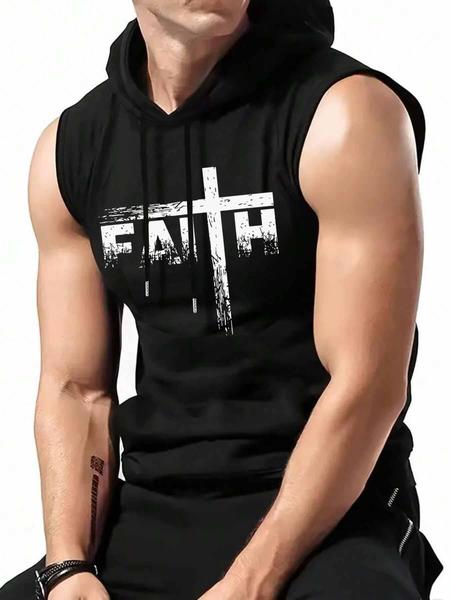 Men's Letter Print Cross & Sleeve Hoodie Tank Top, Regular Fit Casual Street Hooded Sleeveless Top for Summer, Men's Top for Daily Wear, Sweatshirts
