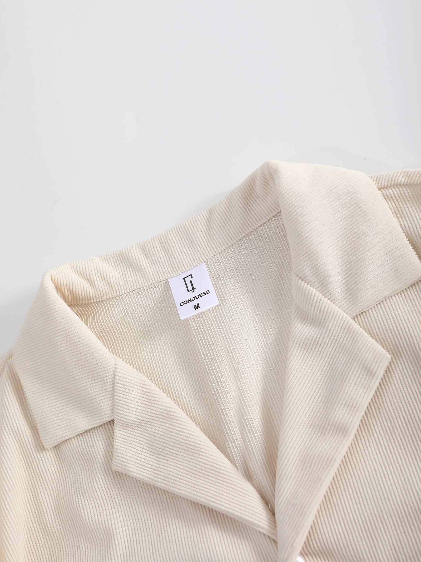 Men's Beige Corduroy 2-Piece Loungewear Set - Lapel Blazer-Style Shirt with Dual Chest Pockets + Elastic Drawstring Waist Pants, Soft Stretch Fabric, Relaxed Minimalist Plain Style, Perfect for At-Home Lounging, Casual Evenings & Seasonal Layering