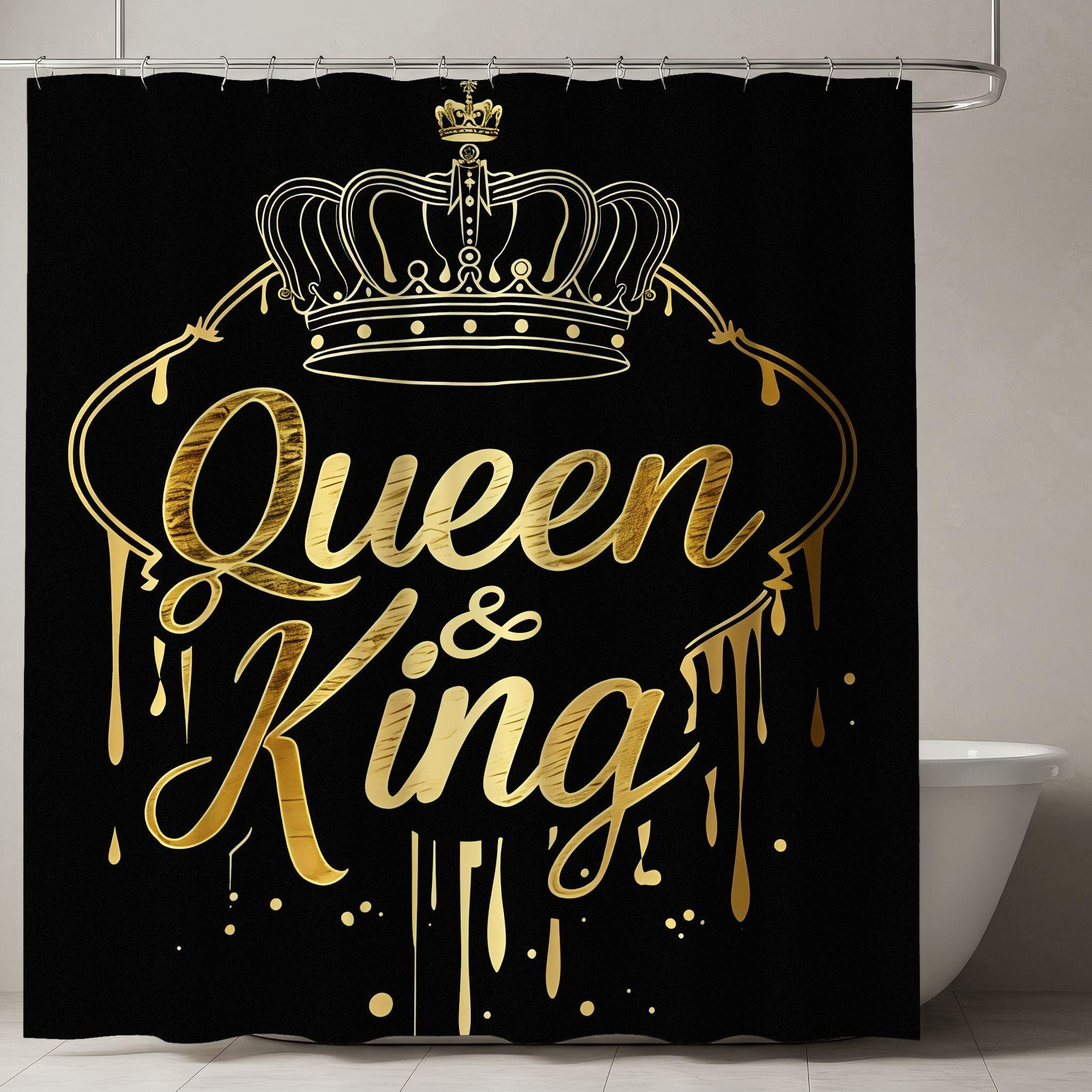 Luxurious Shower Curtain with Design, Queen & King Cursive, Crown Illustration, Ideal for Regal Bathroom Decor