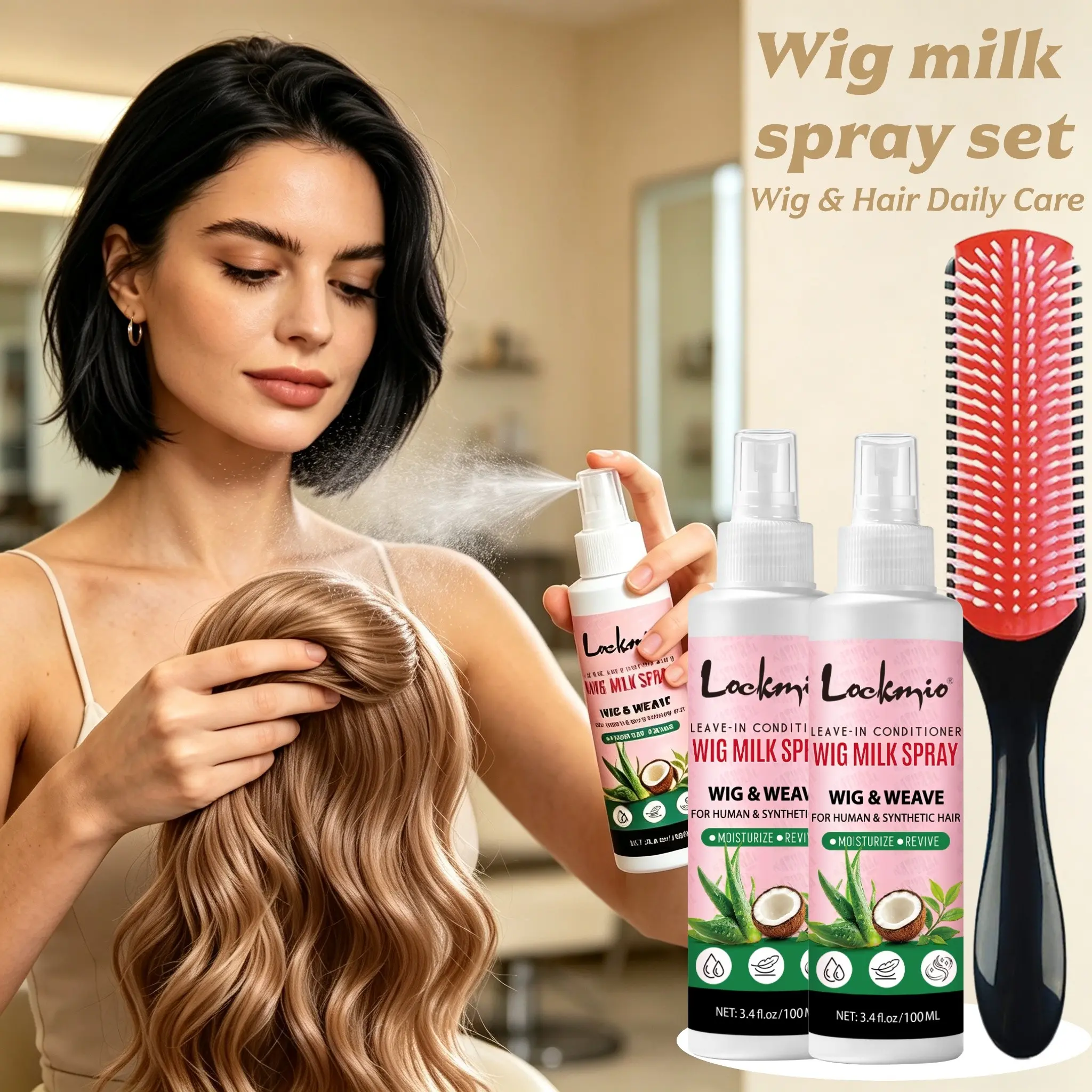 Wig Milk Spray Conditioner, No Rinse, 3.4 Fl.oz, for Real & Synthetic Hair, Moisturizing, Conditioning Hydrate Shine, Anti-Tangle, Anti-Frizz, Adds Shine, Includes Nylon Comb