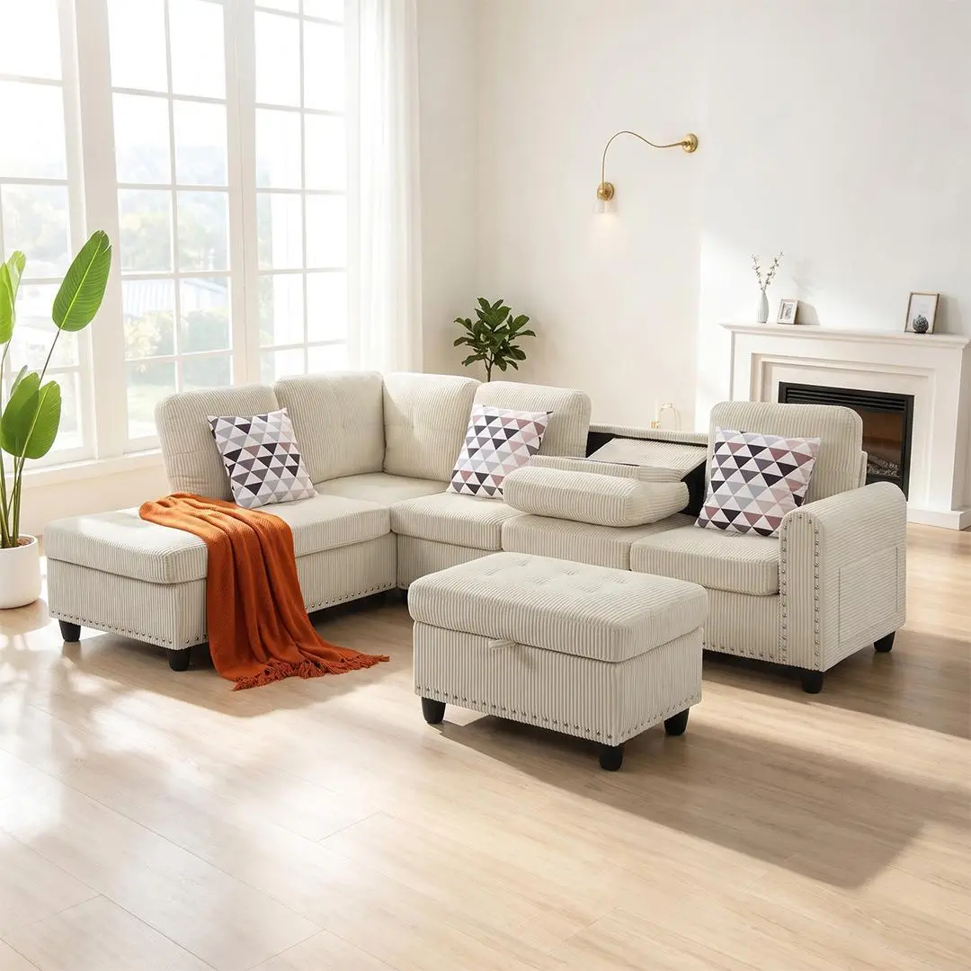 Darlife Convertible Sectional Couches for Living Room, 6 Seats L Shaped Sofa with Storage Ottoman & 2 Cup Holders, Modern Corduroy Couch Small Sofas for Living Room, Apartment and Office, Beige