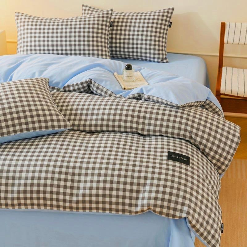 Colorful Cationic Fabric Plaid Four-Piece Set, Includes Duvet Cover, Bed Skirt, Pillowcases, Comfortable and Stylish Bedroom Essentials