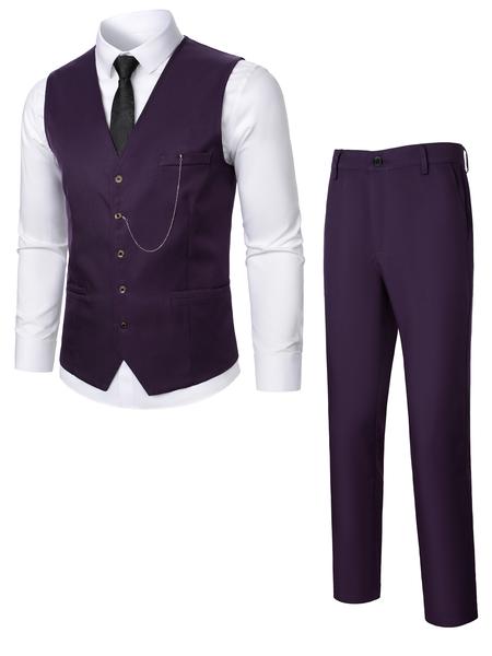 Two-Piece Set Men's Solid Button Front Suit Vest & Pocket Pants Suit Set, Chain Decor V Neck Top & Trousers, Men's Formal Outfits for Work Office Business Two-Piece Set Men's Solid Button Front Suit Vest & Pocket Pants Suit Set, Chain Decor V Neck Top & Trousers, Men's Formal Outfits for Work Office Business