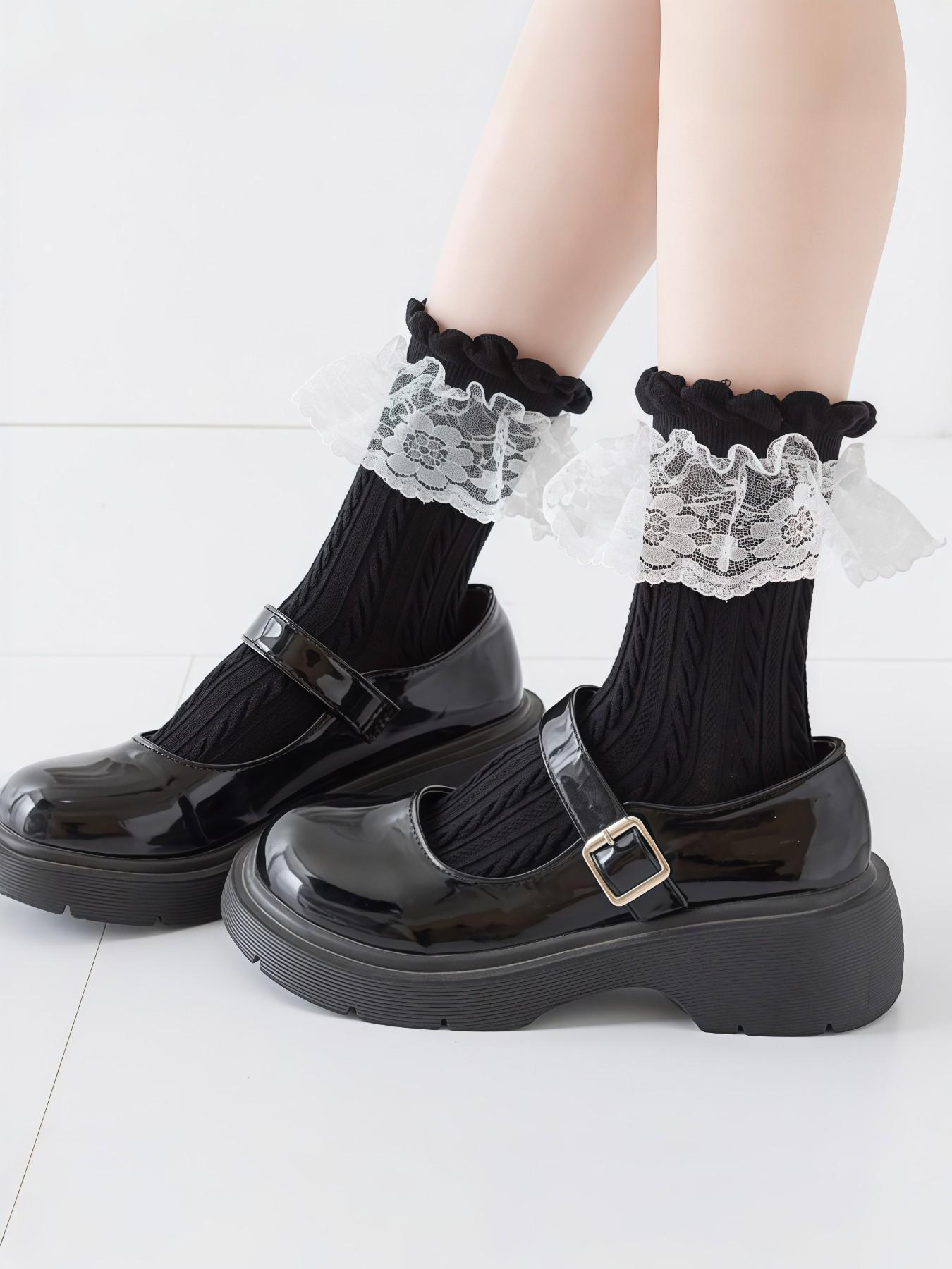 Lolita Lace Trim Socks for Women, Japanese Style Mesh Breathable Mid-Calf Socks, Perfect with Mary Jane Shoes
