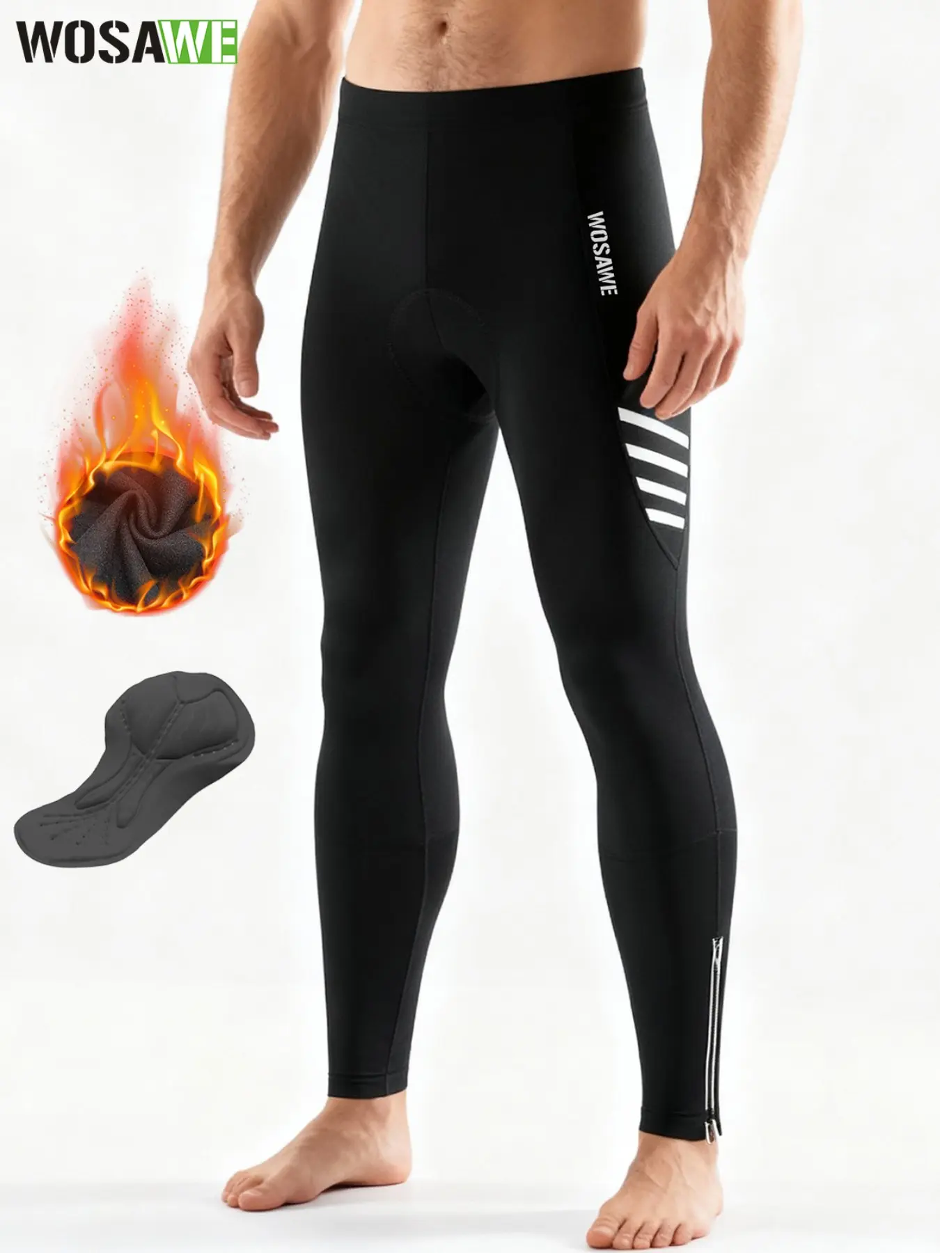 WOSAWE Men's Thermal Fleece Cycling Tights - Gel Padded, Multi-Pockets & Anti-Slip Cuffs