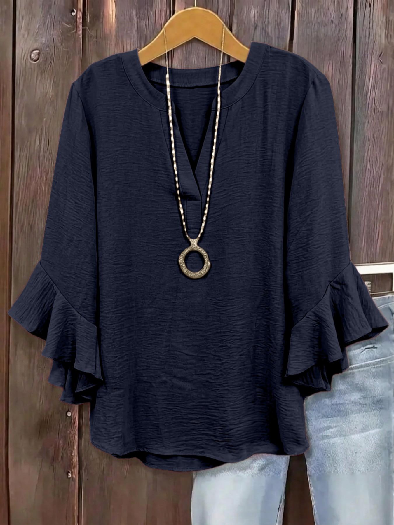 Plus Size V-Neck Ruffled Sleeve Textured Blouse, Loose Fit Y2K Summer Top, Trendy Elegant Flounce Detail, Comfortable Casual Everyday & Party Wear, Blouses Shirts Tops