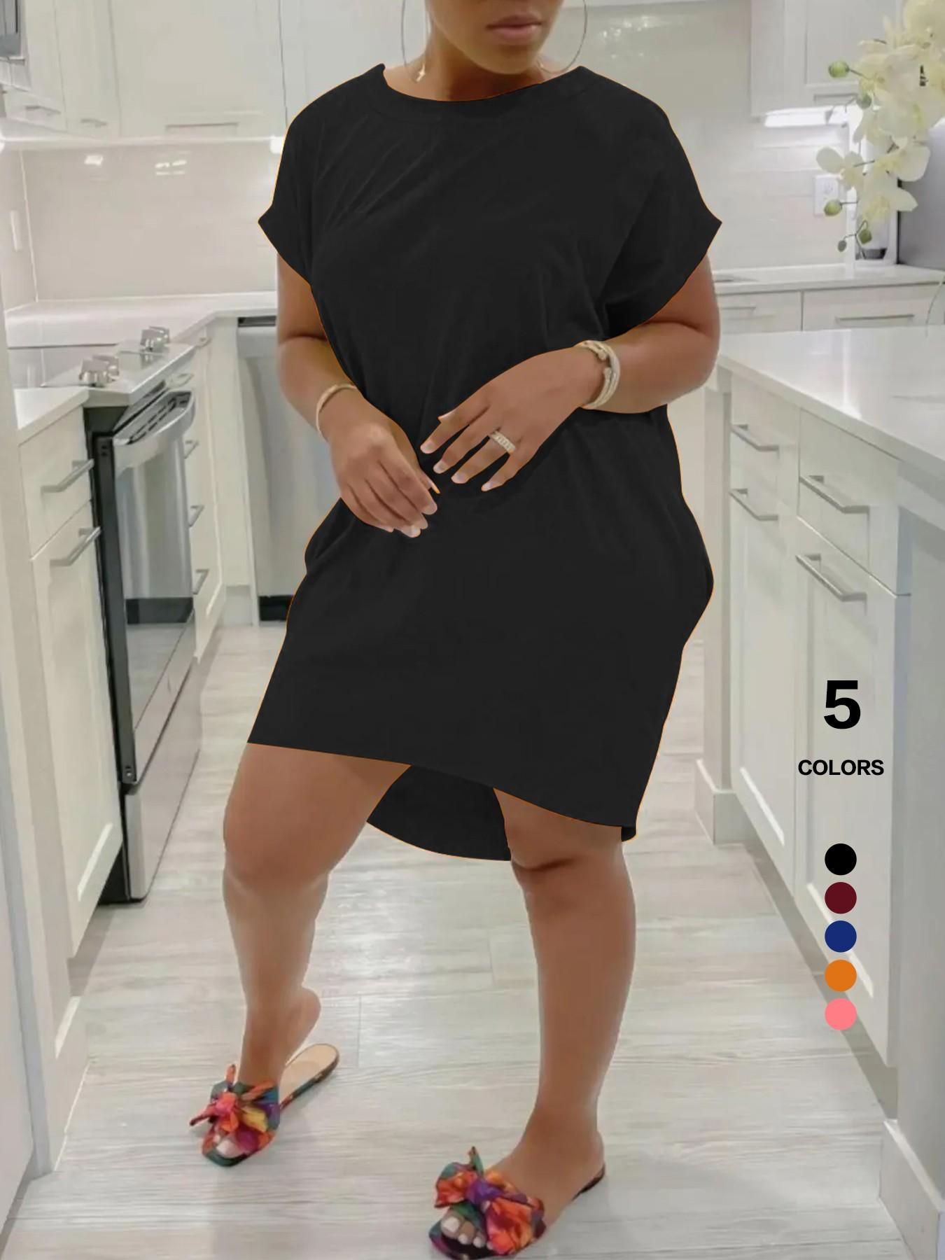 Women's Solid Color Batwing Sleeve Hidden Pocket Tee Dress, Casual Fashionable Daily Wear, Comfortable & Stylish Design