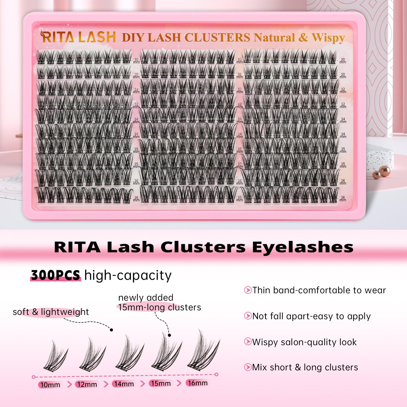RITALASH 300PCS Lash Clusters Wispy Eyelash Clusters Lashes Natural DIY Lash Extension 10-16mm Cluster Eyelash Extensions 300pcs D Curl Individual Lashes Cluster Eyelash