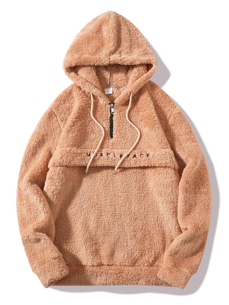 Men's Fall Winter Outfits Fleece Hoodie with Embroidered Letter Front for Daliy Wear, Old Money Style Half-Zip Pullover, Drawstring Hat, Casual Trendy Sweatshirt，Essential for Man's Wardrobe.