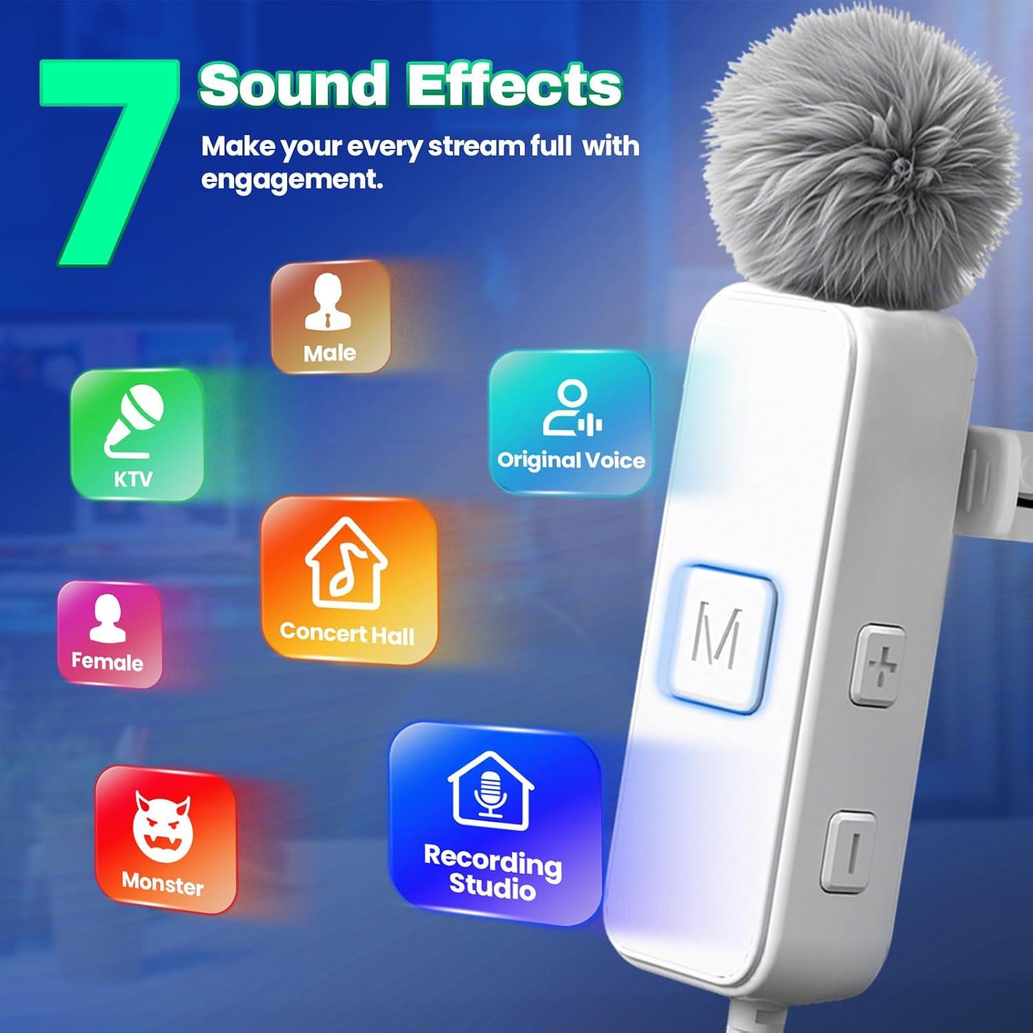 S19 Sound Card Karaoke Headset with Real-Time in-Ear Monitoring & Microphone, 7 Sound Effects Voice Changer, Karaoke Headphones with Lavalier, 2 Modes Live Streaming Sound Card & Wired Earbuds Earphones, USB, Smartphone, Audio