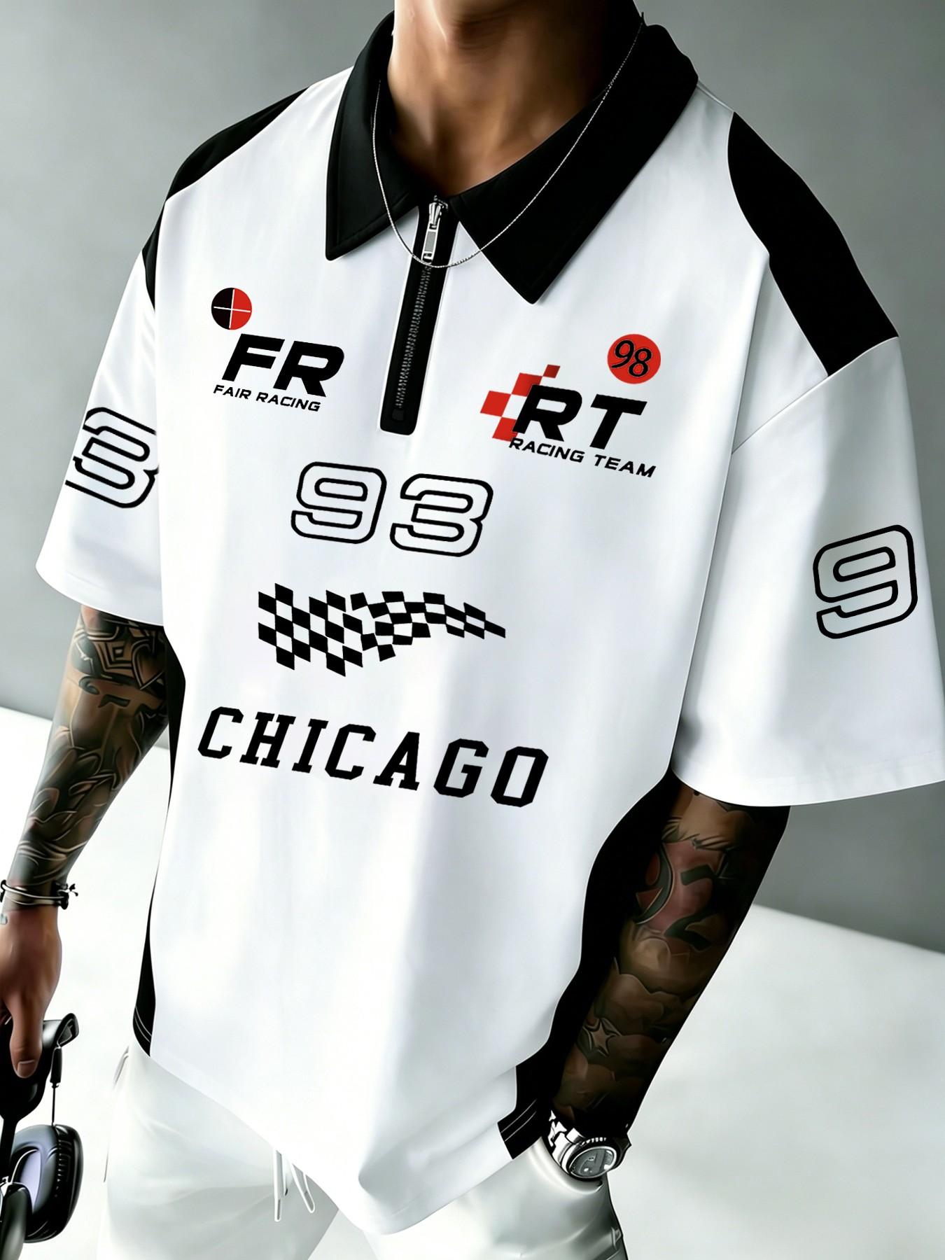 Men's Oversize Chicago Racing Theme Polo Shirt, Loose-Fitting Zipper Collar Letter Print Short Sleeve, Street Style Motorcycle