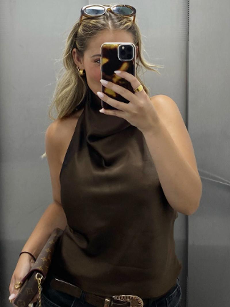 Sexy Satin Halter Top Women Corset Tanks & Camis Backless Crop Top Woman y2k Sleeveless Tank Tops Ladies Fashion Black White Orange Pink Yellow Brown Top Casual Vacation Top